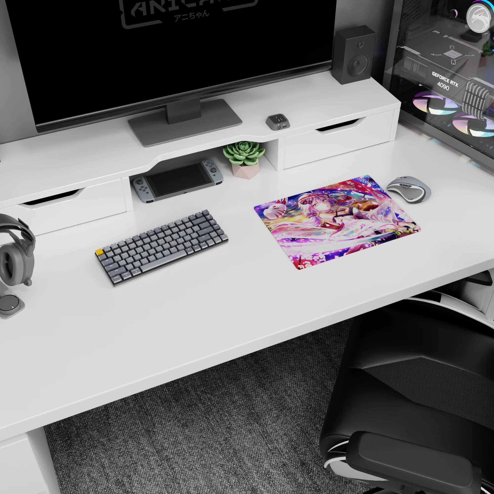 Silver-lavender haired anime girl under a fox mask ribbon, petals flying, mouse pad 14x10 inches.