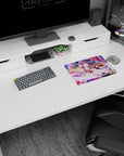 Silver-lavender haired anime girl under a fox mask ribbon, petals flying, mouse pad 14x10 inches.