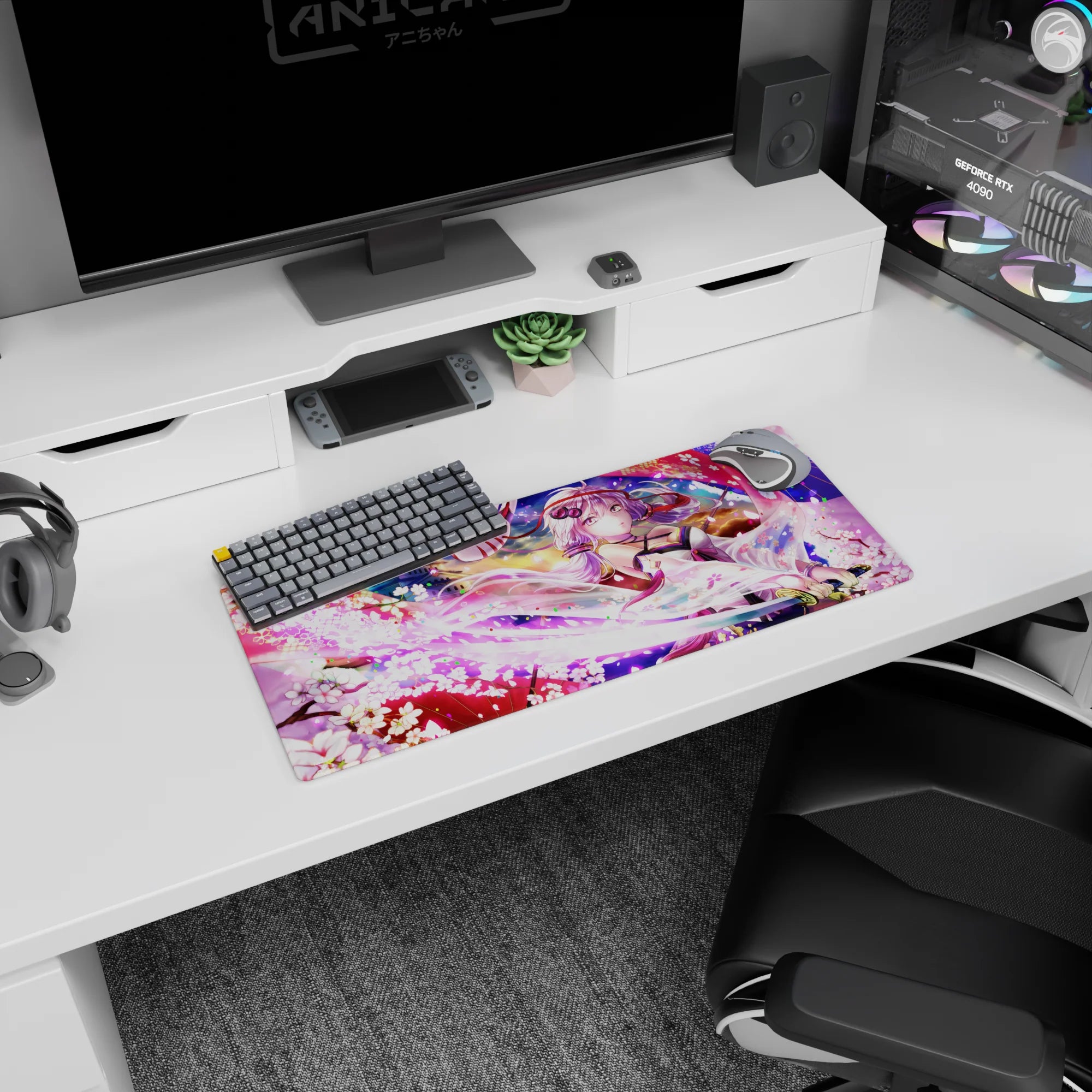 28x12 inches mouse pad featuring silver-lavender haired anime girl under a fox mask ribbon, blade detail.