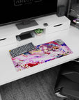 28x12 inches mouse pad featuring silver-lavender haired anime girl under a fox mask ribbon, blade detail.