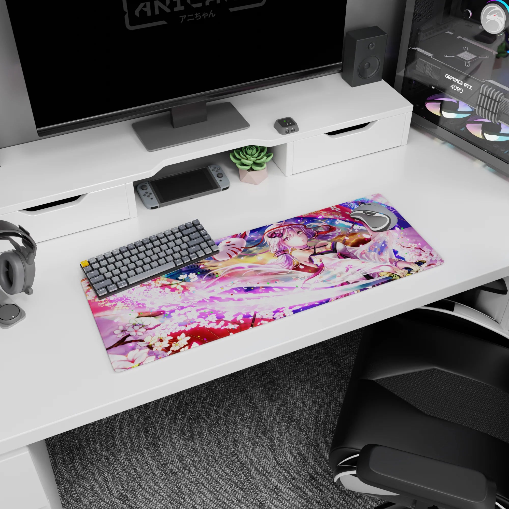32x12 inches anime girl mouse pad featuring silver-lavender hair, fox mask above, and a small blade accent.