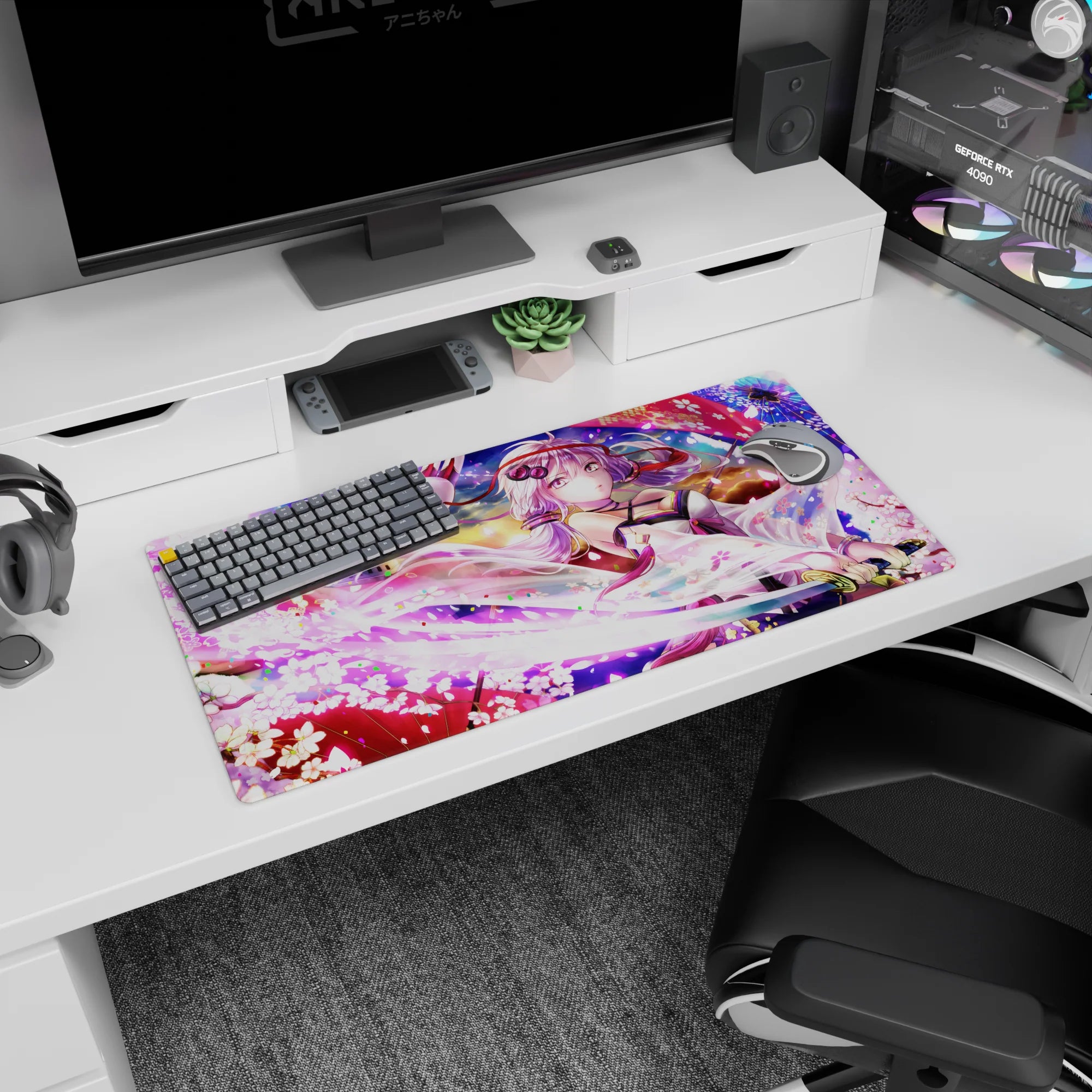 32x16 inches mouse pad featuring a silver-lavender haired anime girl under a fox mask ribbon, blade detail.