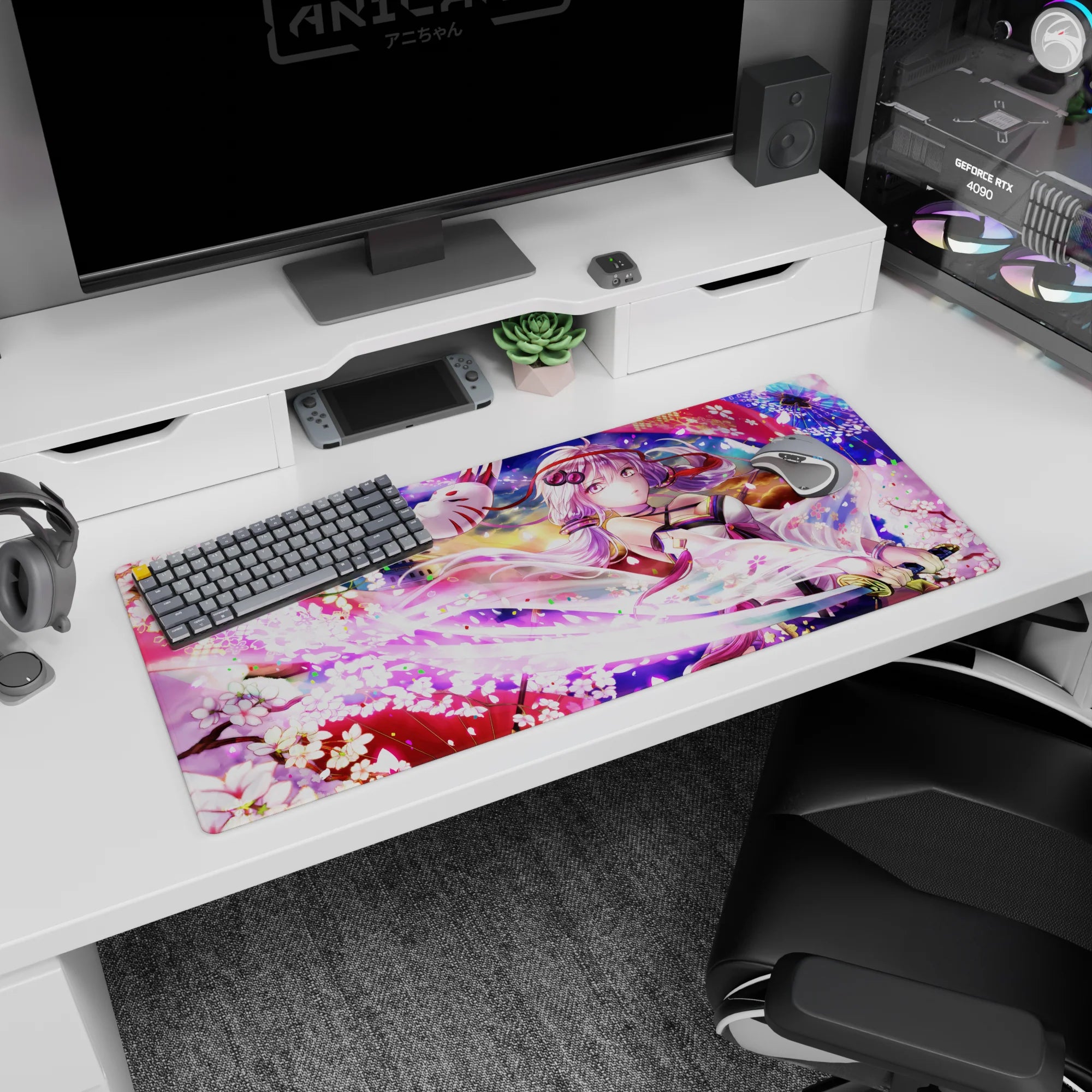36x16 inches desk pad featuring silver-lavender haired anime girl, fox mask above, and blade detail.