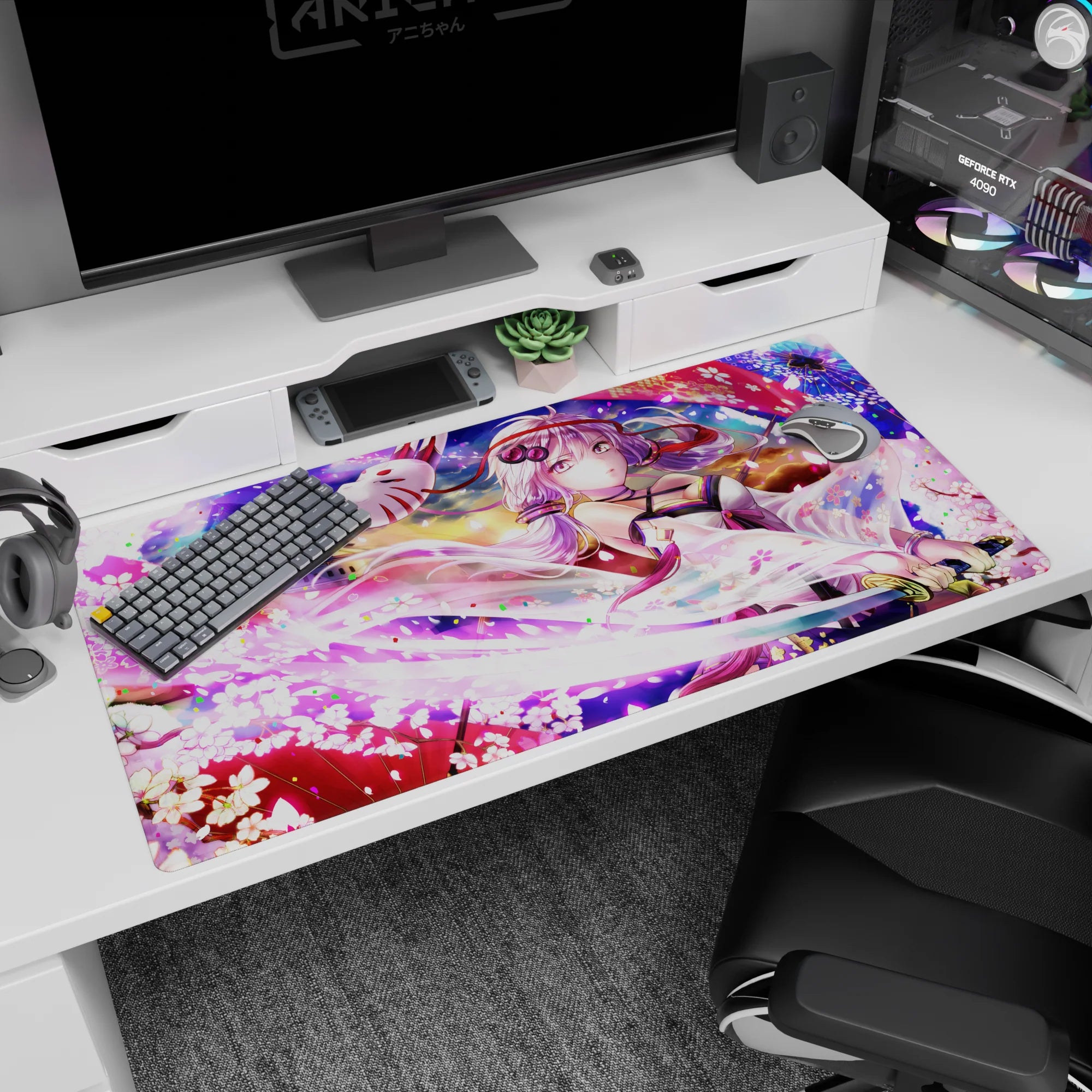 Silver-lavender haired anime girl under a fox mask and sakura swirl on desk pad 40x20 inches.