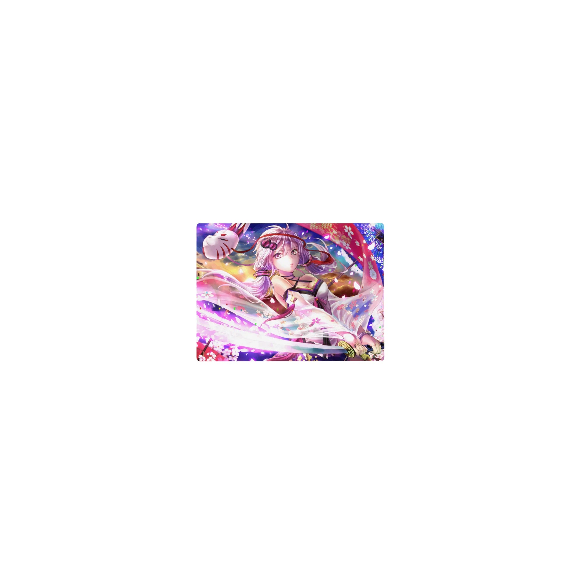 Classic anime girl mouse pad 14x10 inches with sakura petals, fox mask ribbon, and sunset castle glow.