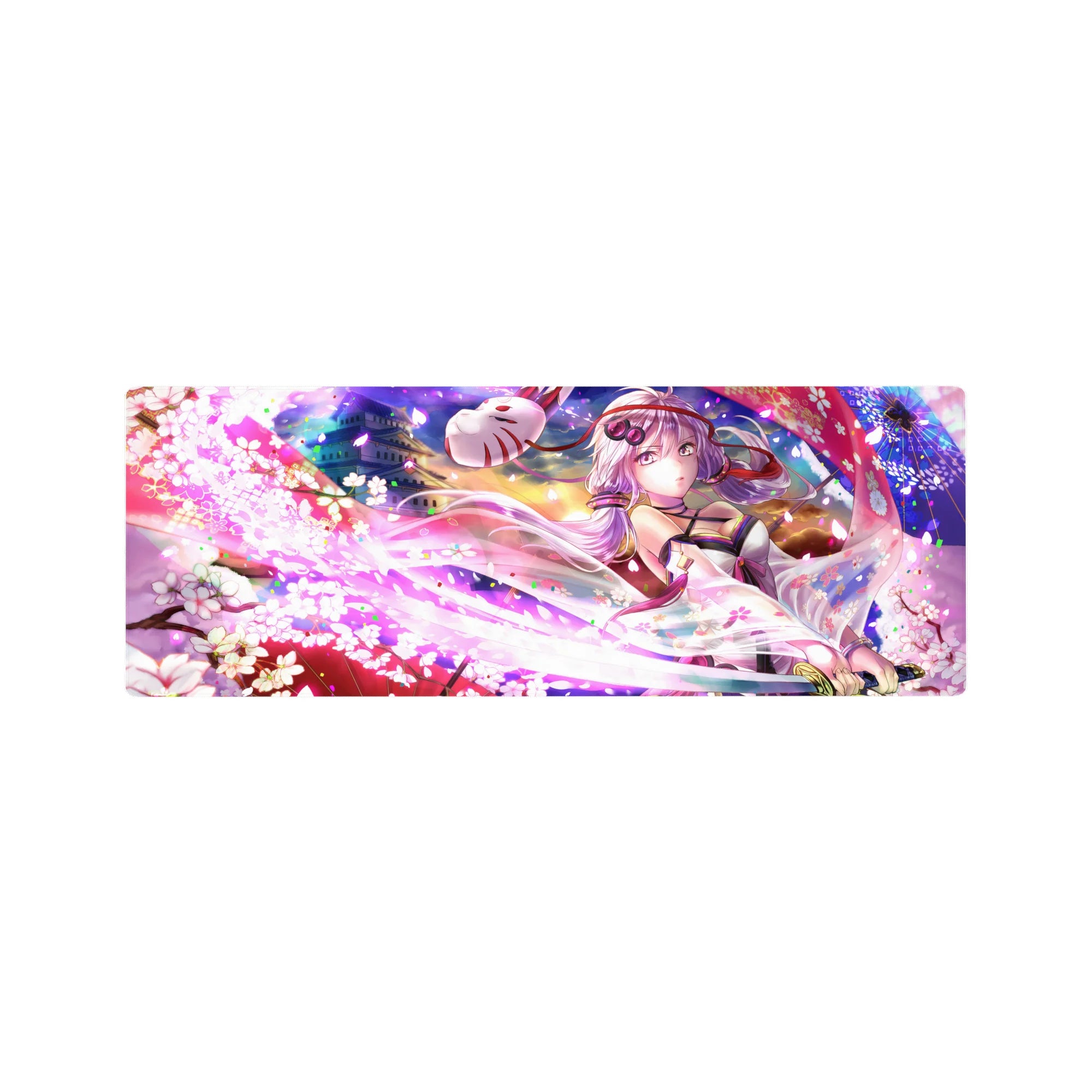 32x12 inches anime girl mouse pad with sakura petals, sunset castle glow, fox mask, and ribbon detail.