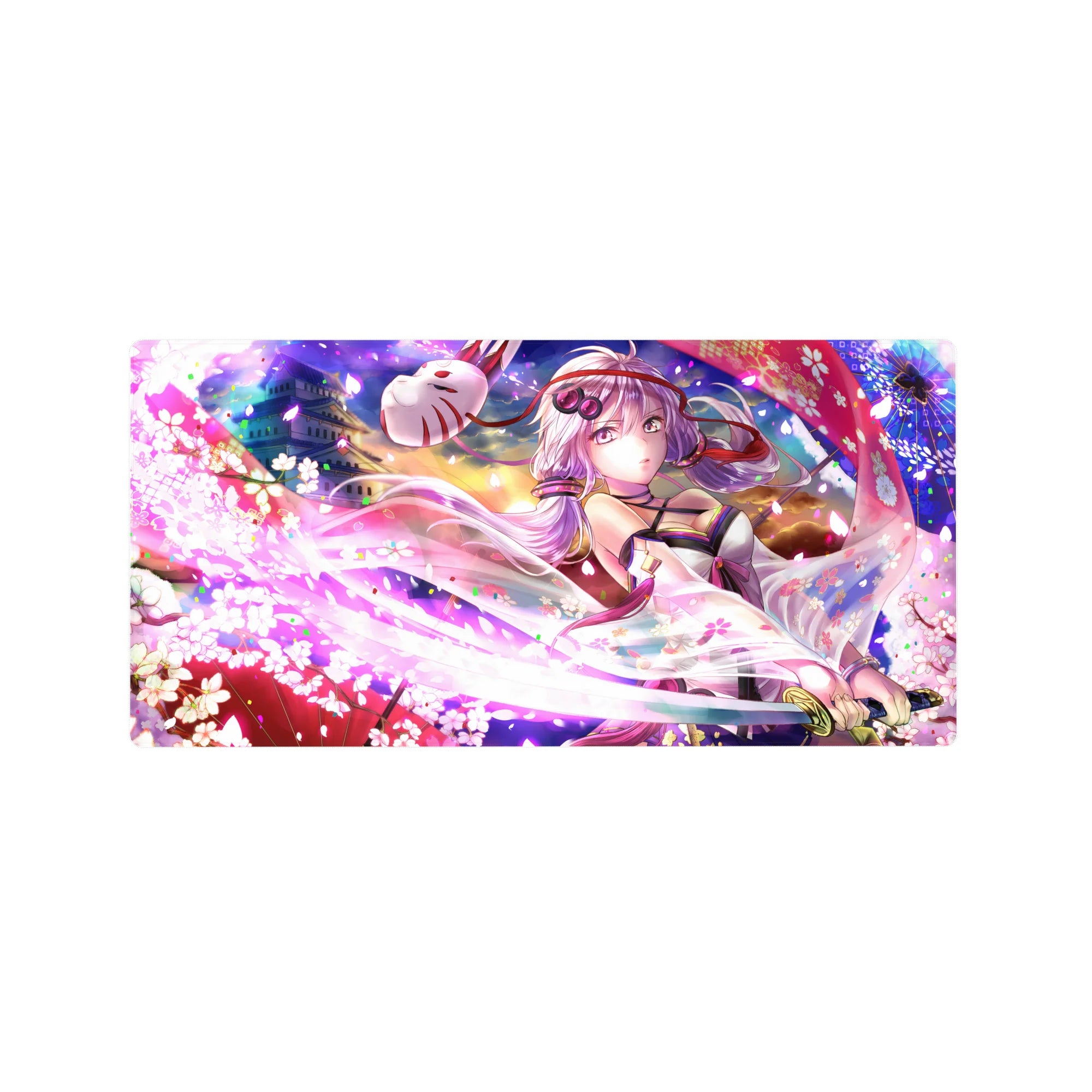 32x16 inches anime girl mouse pad with sakura petals, fox mask ribbon, and sunset castle background.