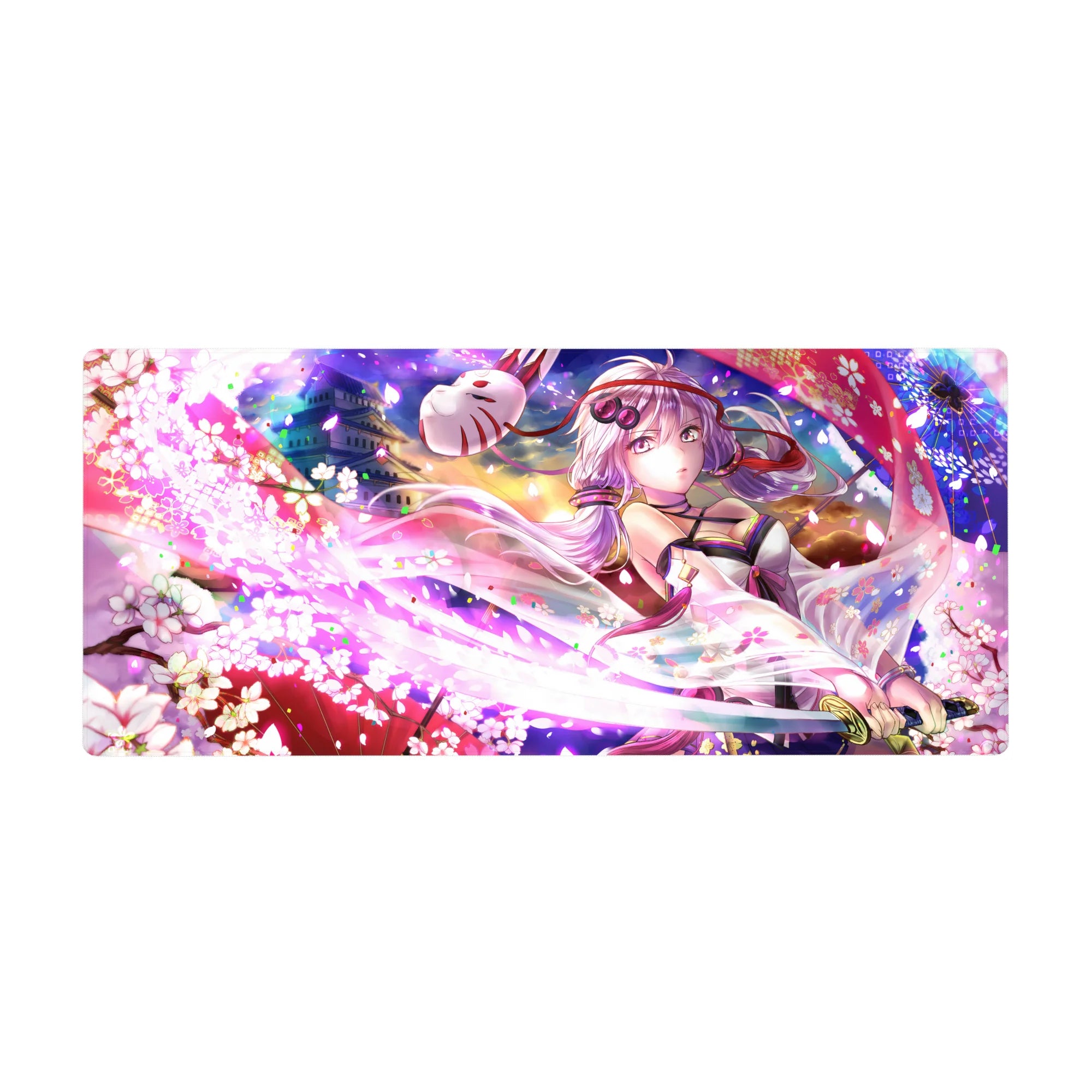 36x16 inches anime girl desk pad with sakura petals, fox mask ribbon, and sunset castle glow.