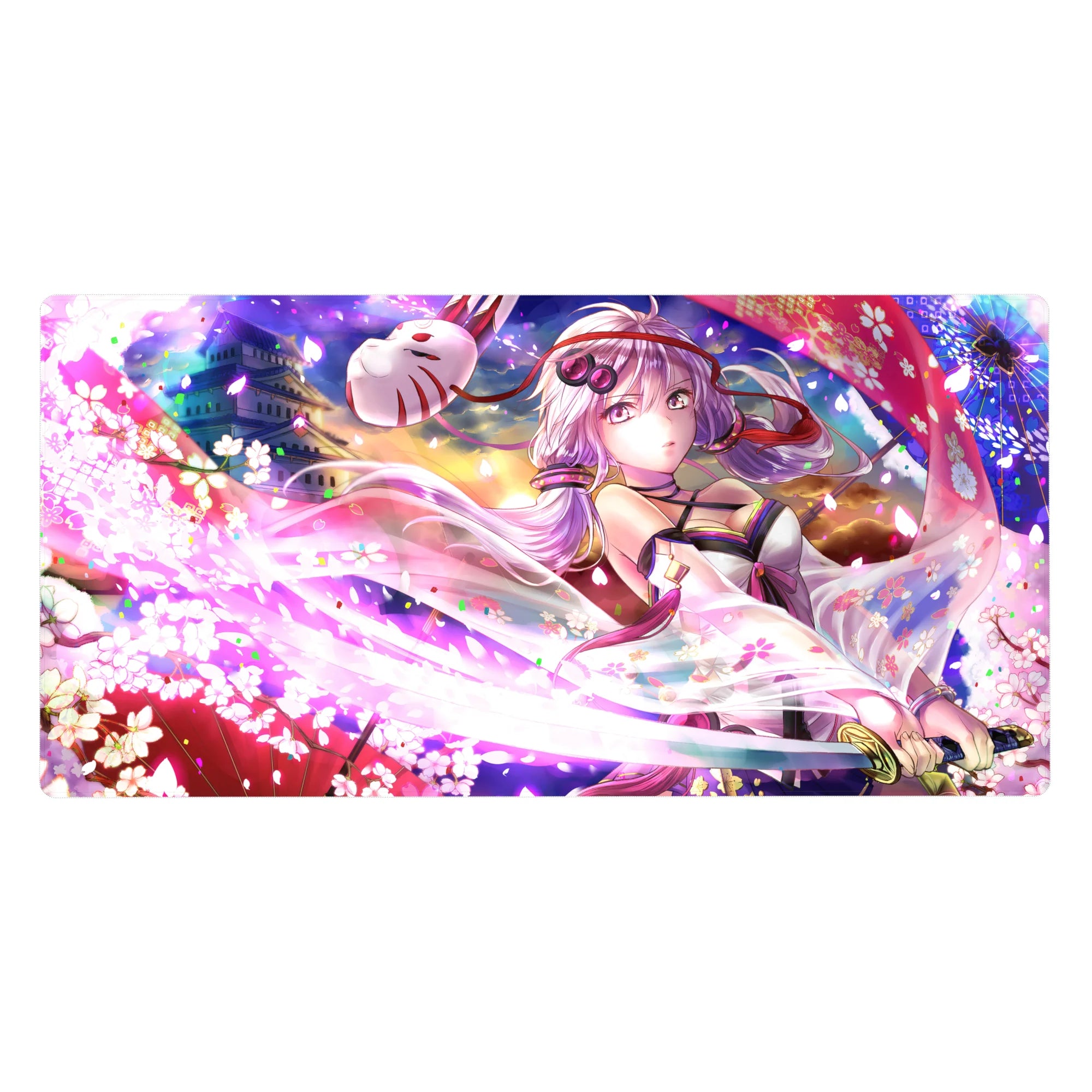 Anime girl desk pad 40x20 inches with sakura petals, sunset castle glow, fox mask ribbon, blade detail.