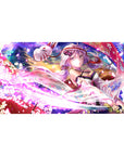 Anime girl desk pad 40x20 inches with sakura petals, sunset castle glow, fox mask ribbon, blade detail.