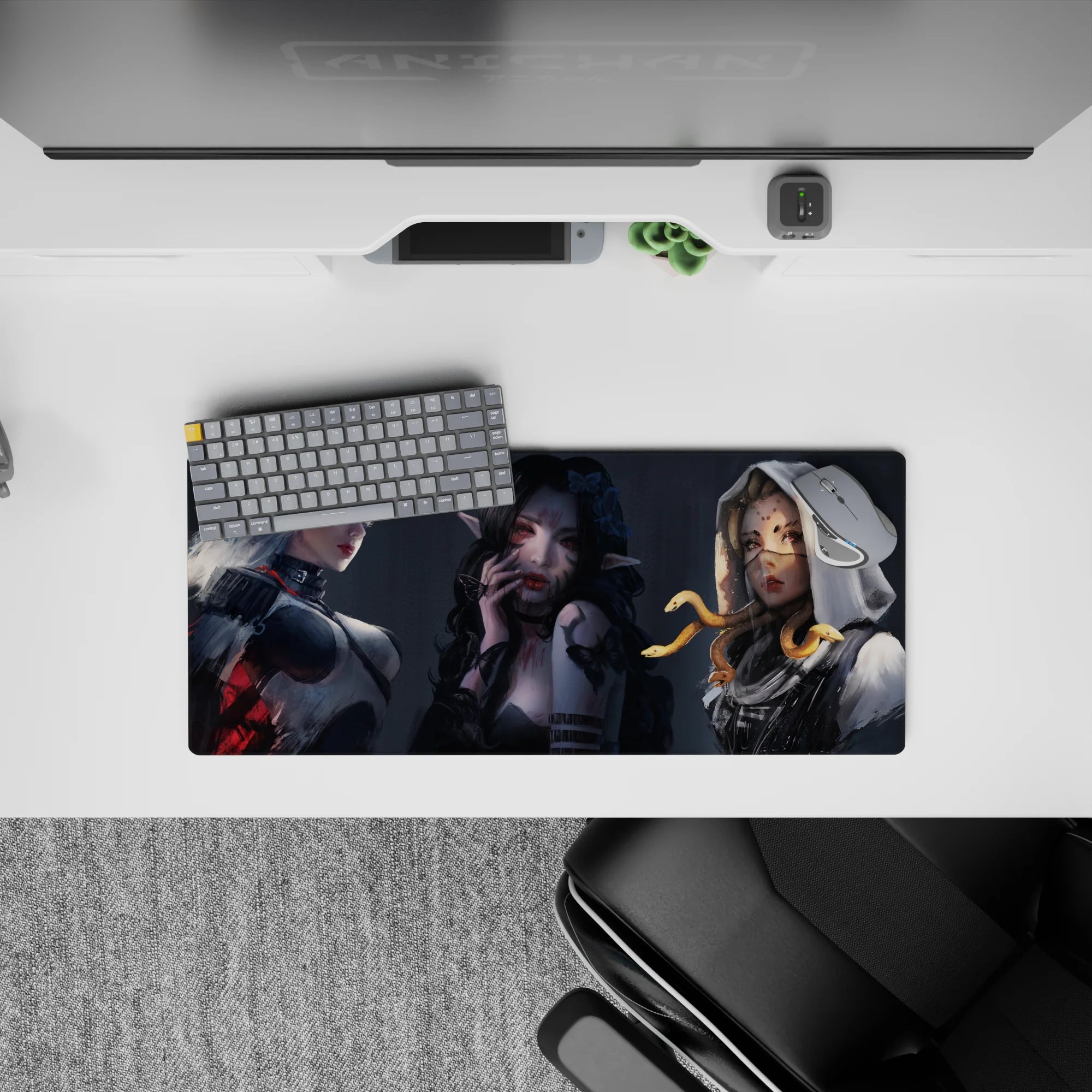 28x12 inches anime girl mouse pad in smoky grays with pale glow, ink-black hair, crimson accents, moody vibe.