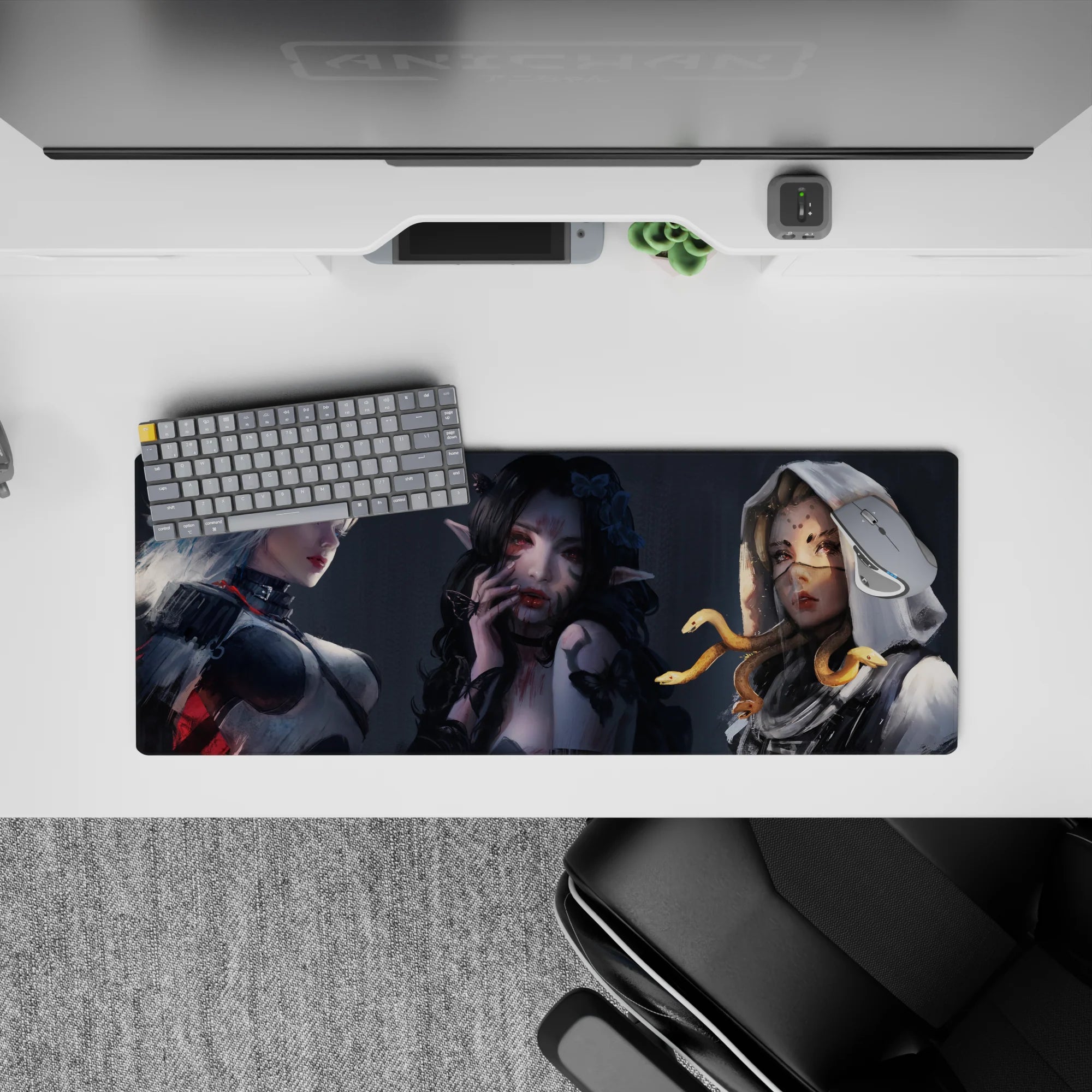 32x12 inches gothic anime desk mouse pad in smoky gray tones, pale glow skin, black hair, crimson accents.