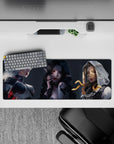 32x12 inches gothic anime desk mouse pad in smoky gray tones, pale glow skin, black hair, crimson accents.