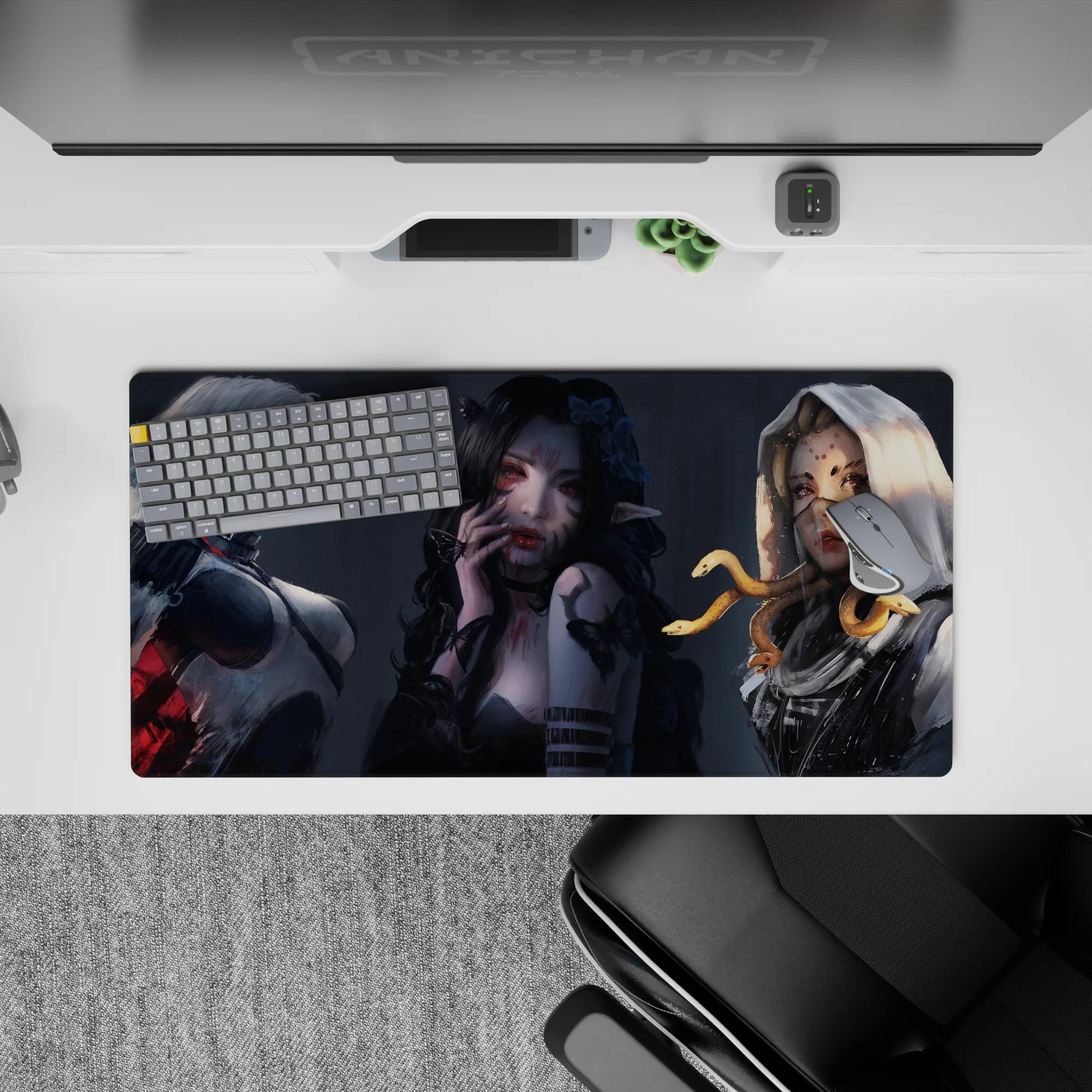 Gothic smoky gray anime girl mouse pad 32x16 inches, pale glow skin, black hair, crimson accents.