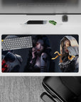 Gothic smoky gray anime girl mouse pad 32x16 inches, pale glow skin, black hair, crimson accents.