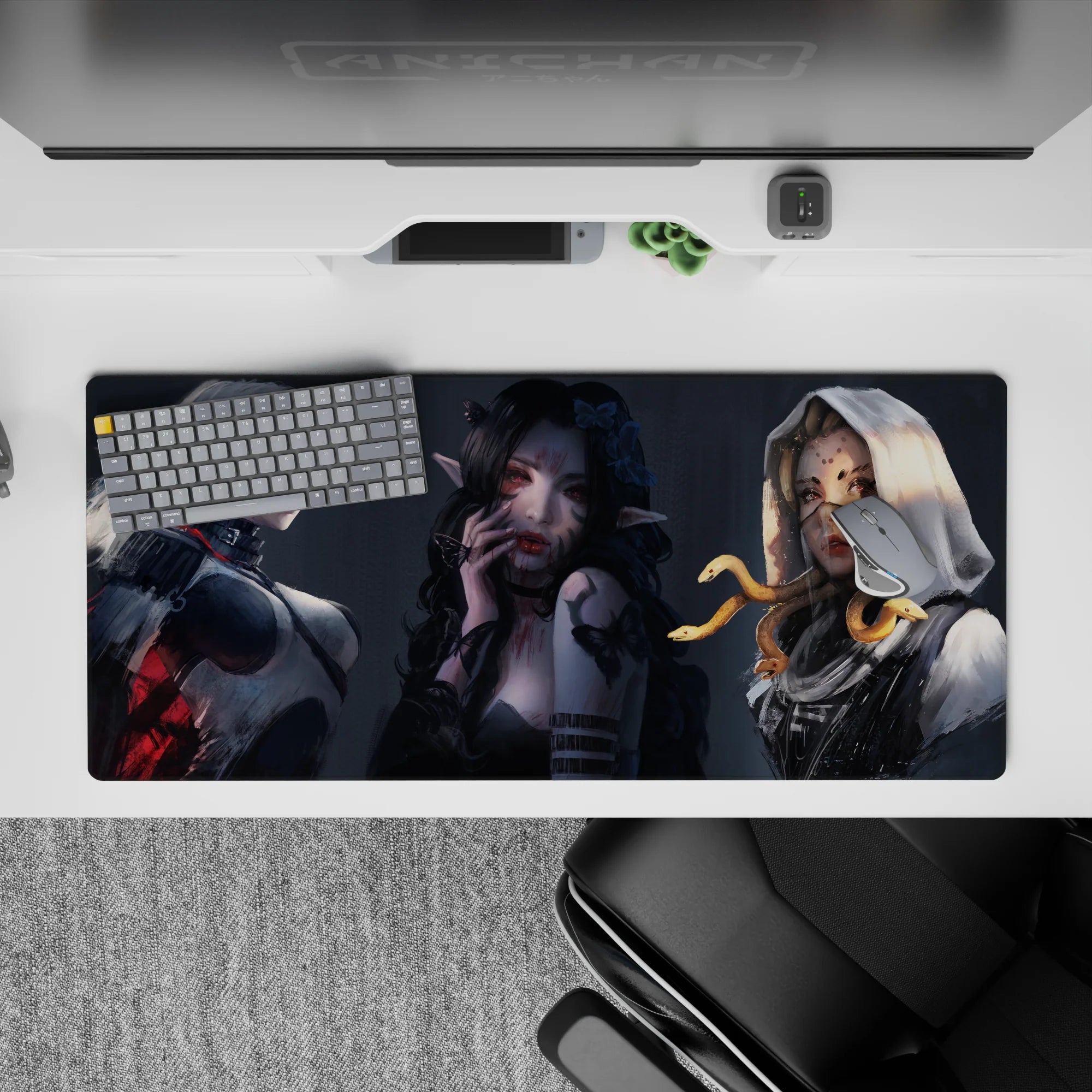 36x16 inches anime desk pad in smoky grays, pale glow skin, ink-black hair, and crimson gothic accents.
