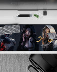 36x16 inches anime desk pad in smoky grays, pale glow skin, ink-black hair, and crimson gothic accents.