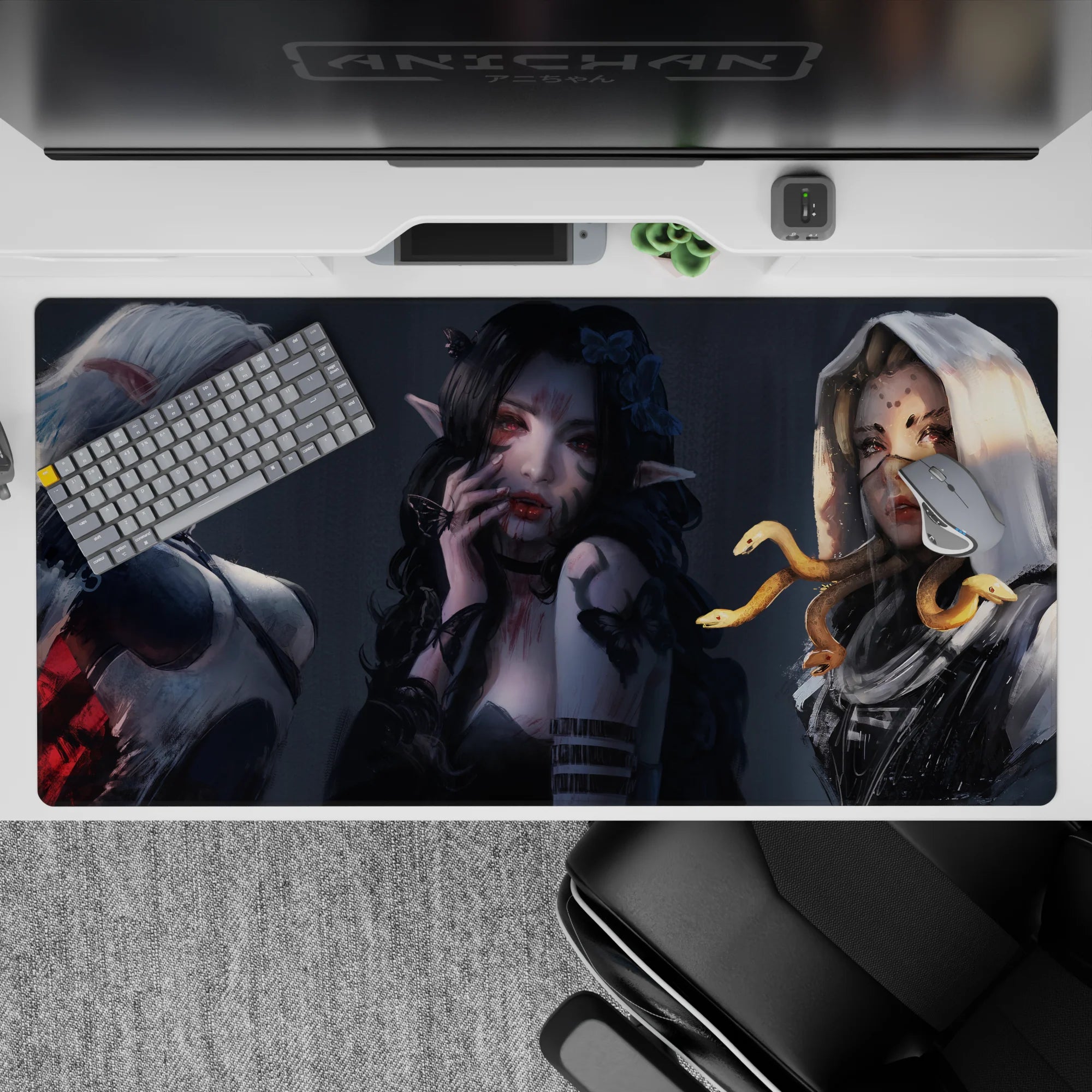 Gothic anime girl desk pad 40x20 inches in smoky grays, pale glow, black hair, crimson accents.
