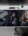 Gothic anime girl desk pad 40x20 inches in smoky grays, pale glow, black hair, crimson accents.
