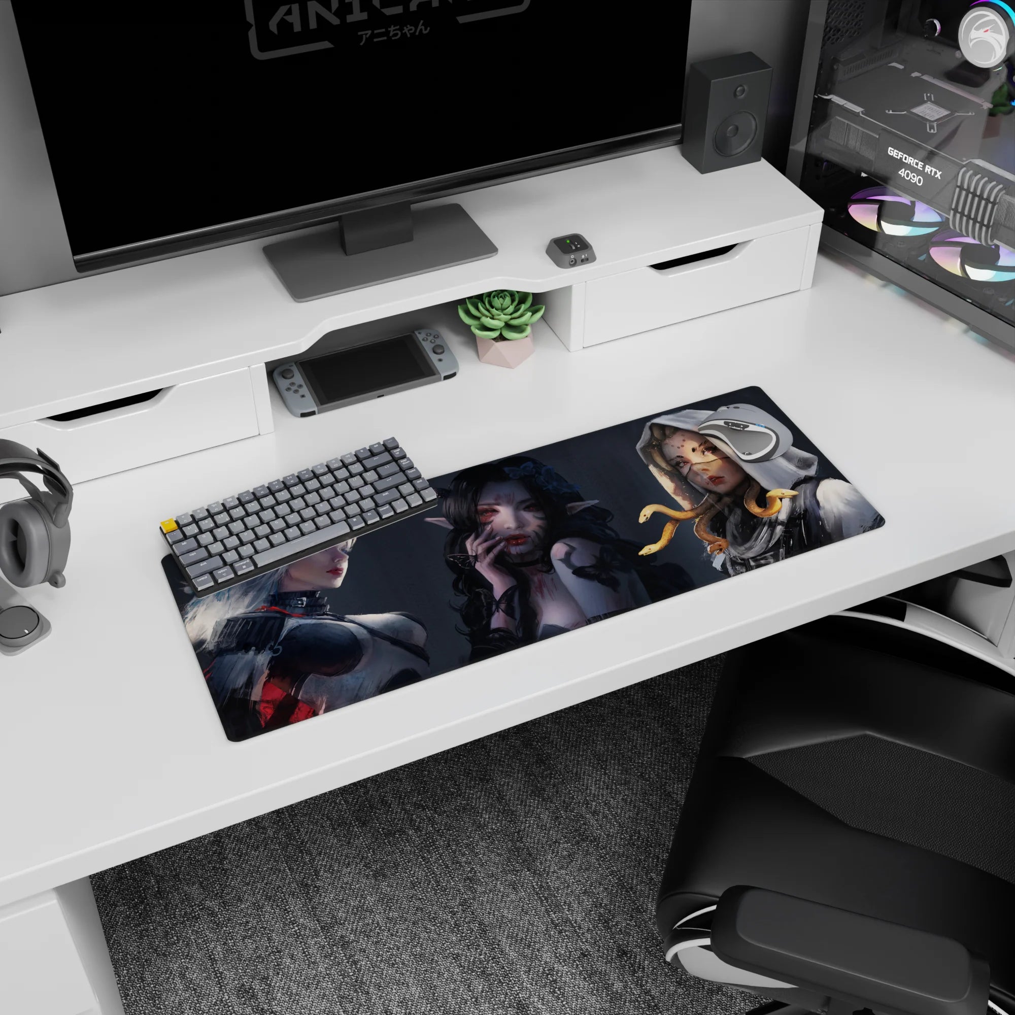 32x12 inches anime mouse pad featuring three sharp-eared girls with cool stares, plus a sly snake scene.
