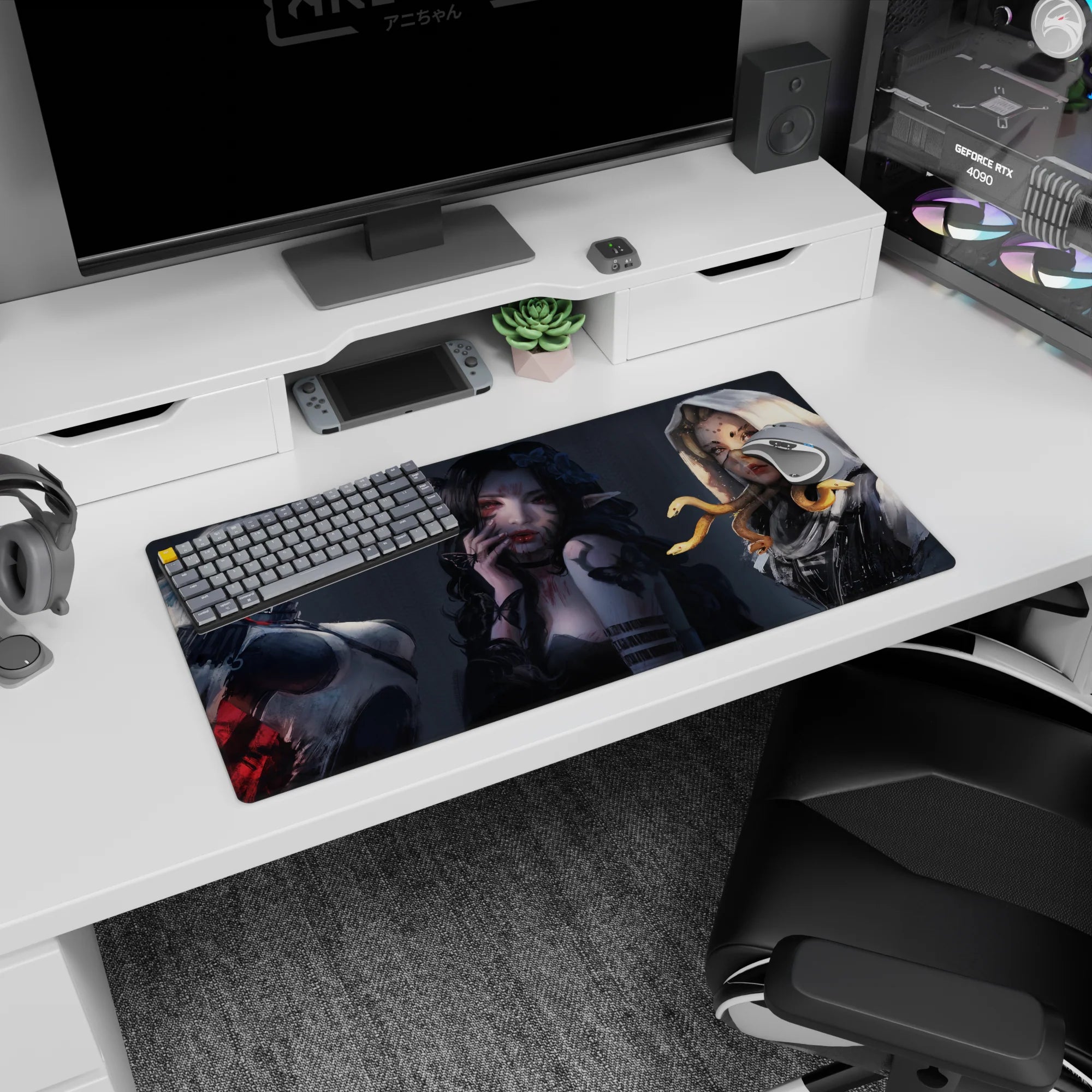 Three moody elf-eared anime girls with cool stares on an extended mouse pad 32x16 inches.