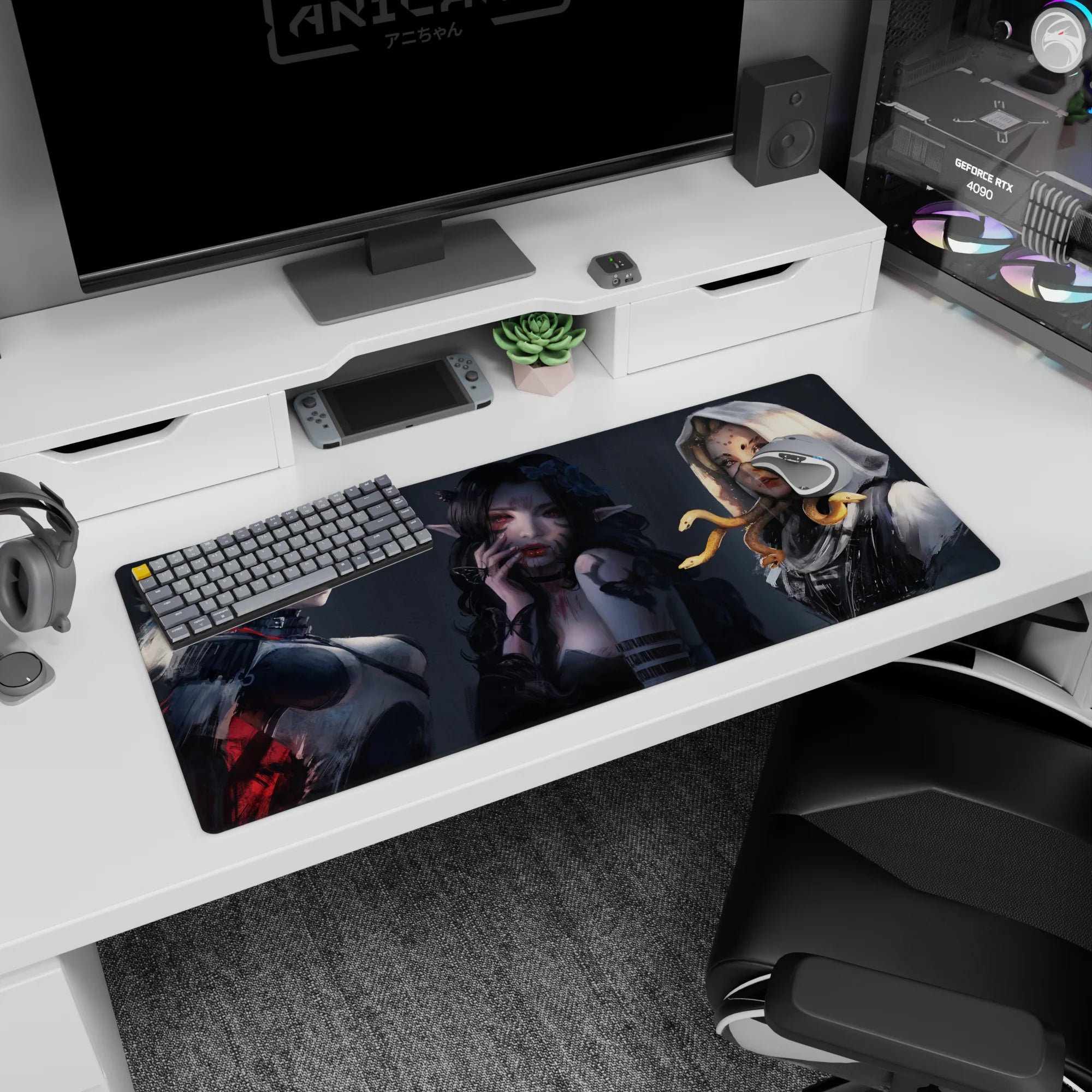 36x16 inches anime girl desk pad showing three moody elf-eared beauties staring with a sly snake nearby.