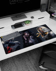 36x16 inches anime girl desk pad showing three moody elf-eared beauties staring with a sly snake nearby.