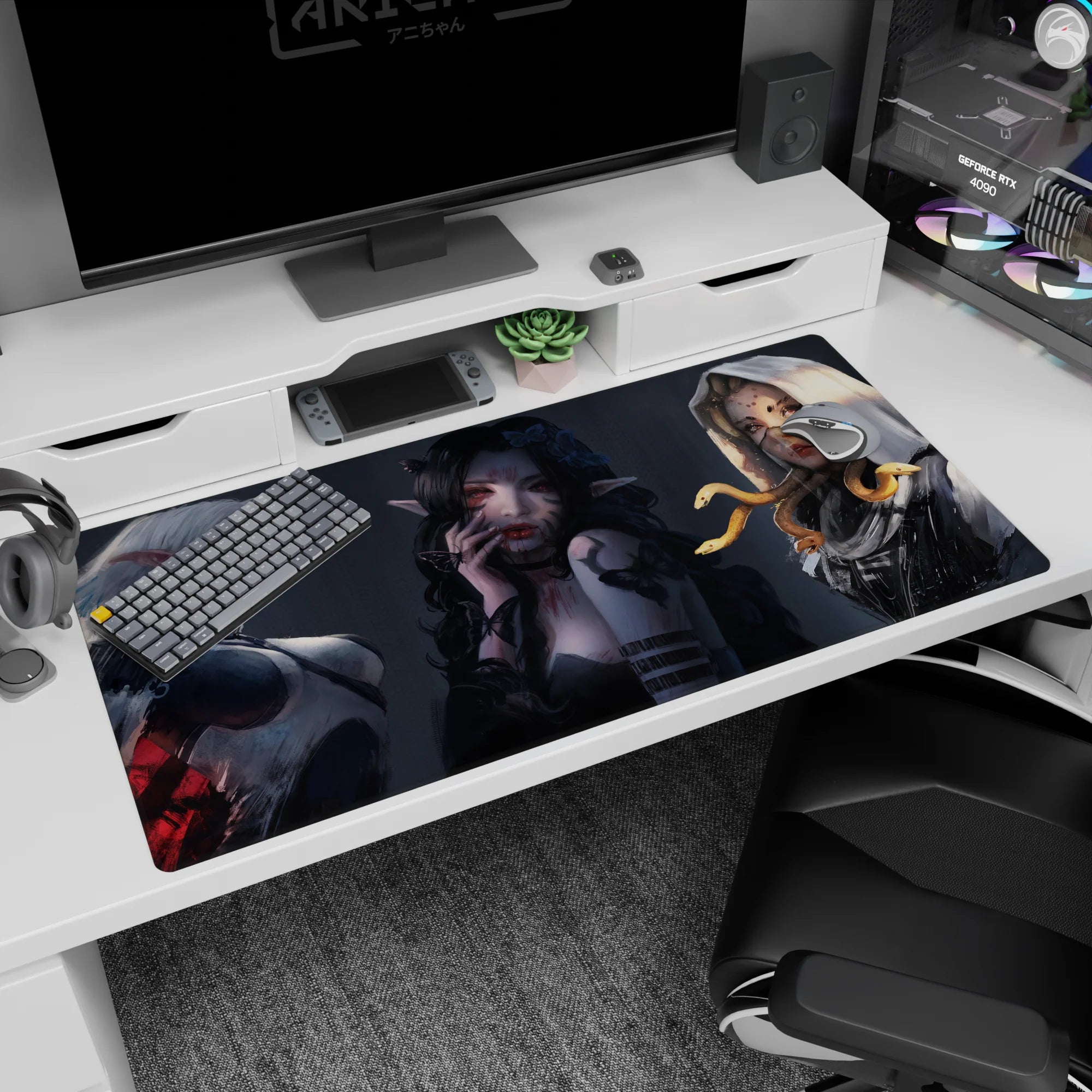 40x20 inches anime desk pad showing three sharp-eared girls with cool stares, ink hair, and a snake.