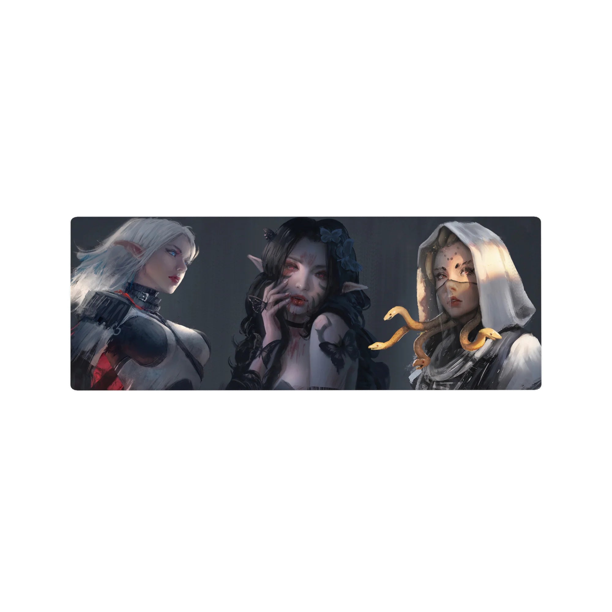 32x12 inches anime girl mouse pad with three dark elf beauties, snake cameo, and butterfly details.