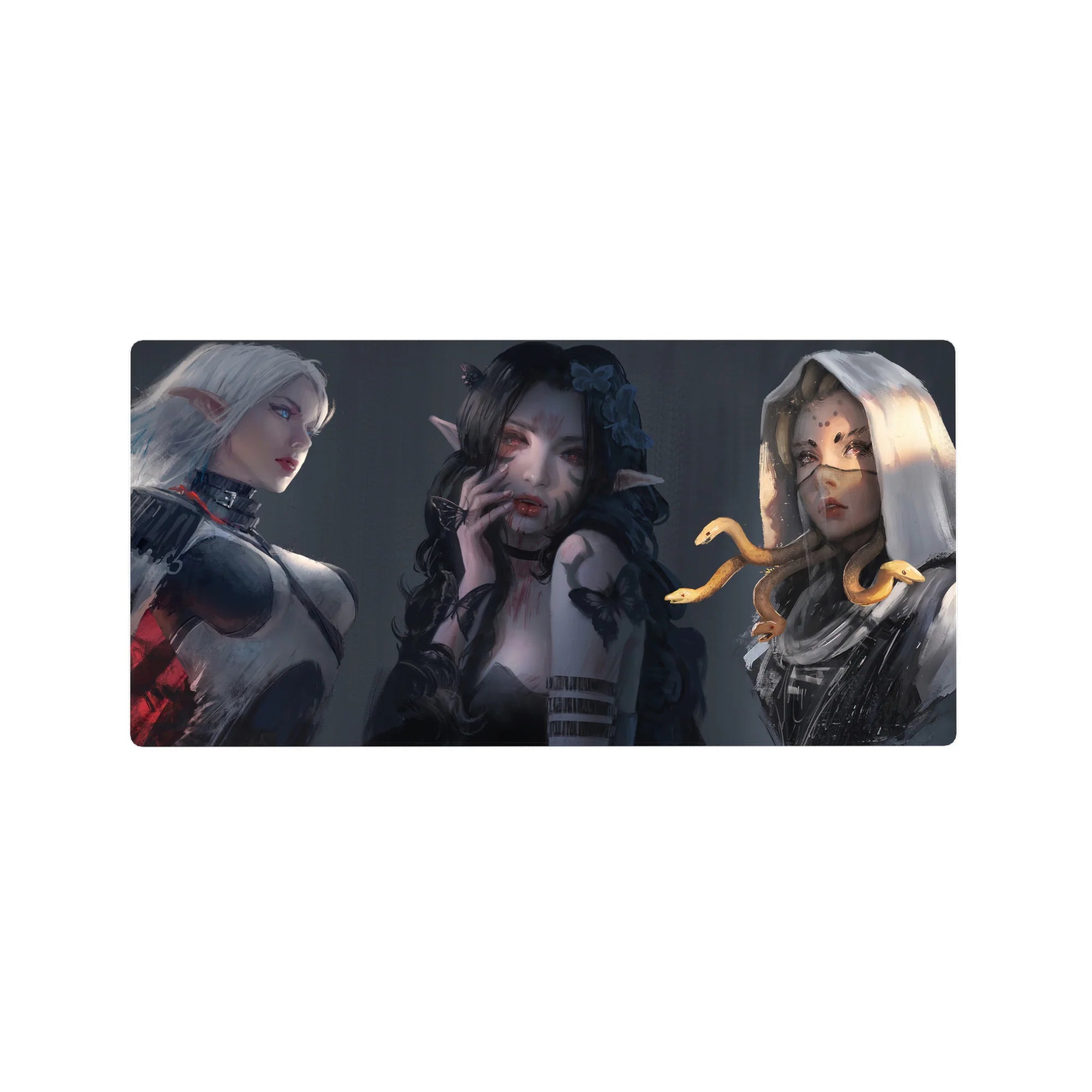 Dark fantasy anime girl mouse pad 32x16 inches with three elf-eared girls, snake cameo, butterflies.