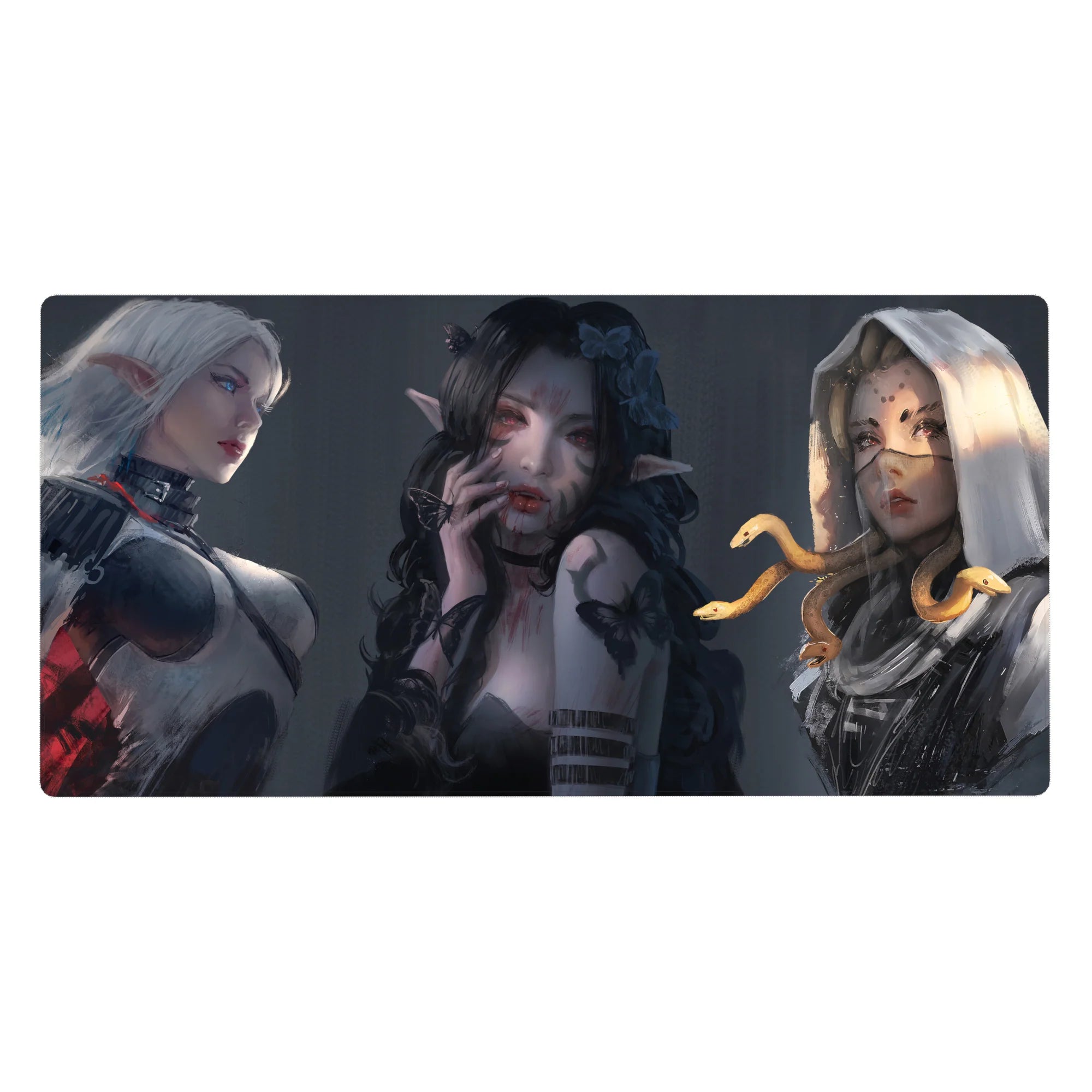 Anime girl desk pad 40x20 inches with three dark-fantasy elf girls, snake cameo, and butterflies.