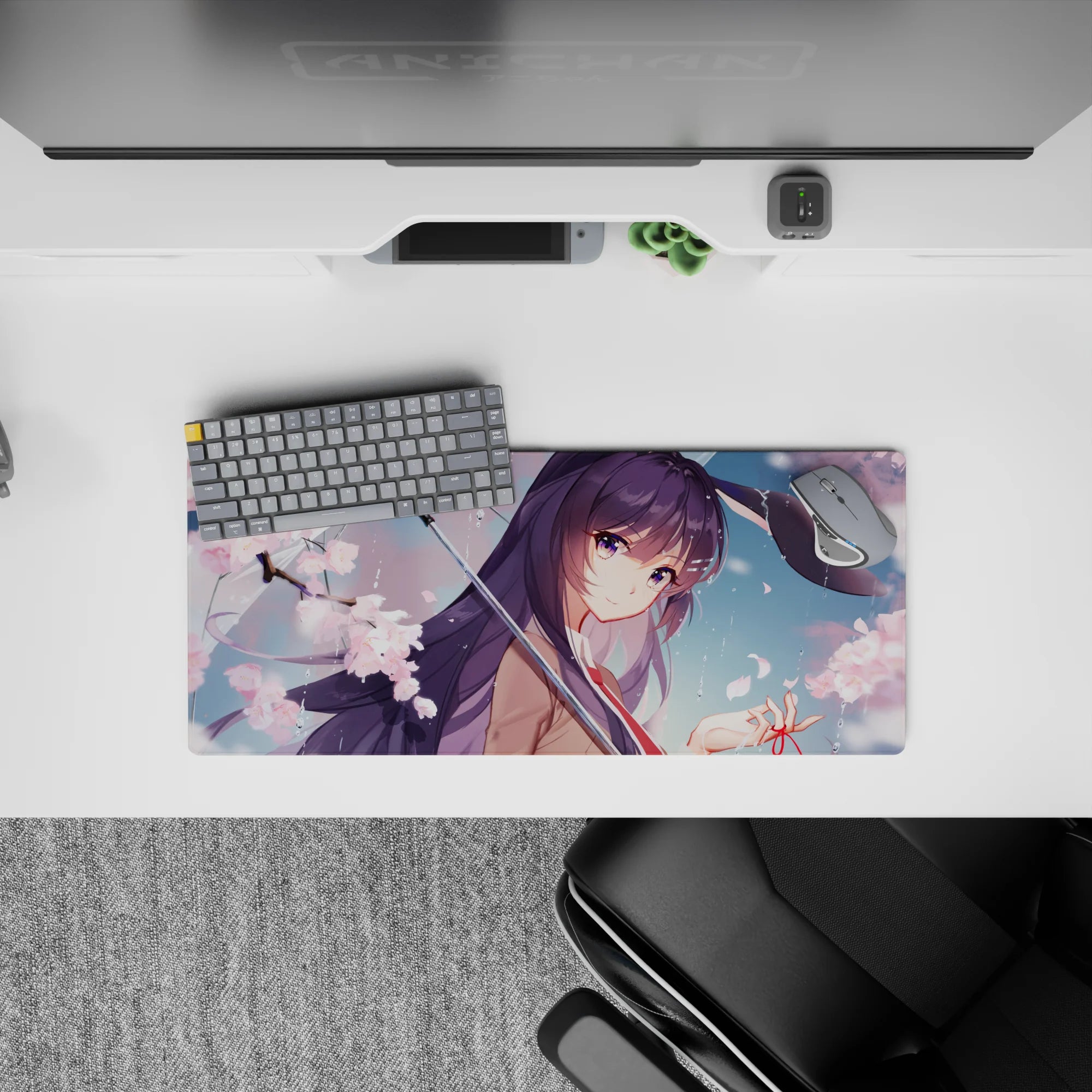 28x12 inches pastel spring romance mouse pad, soft pink sakura, rainy gloss highlights, dreamy vibe.