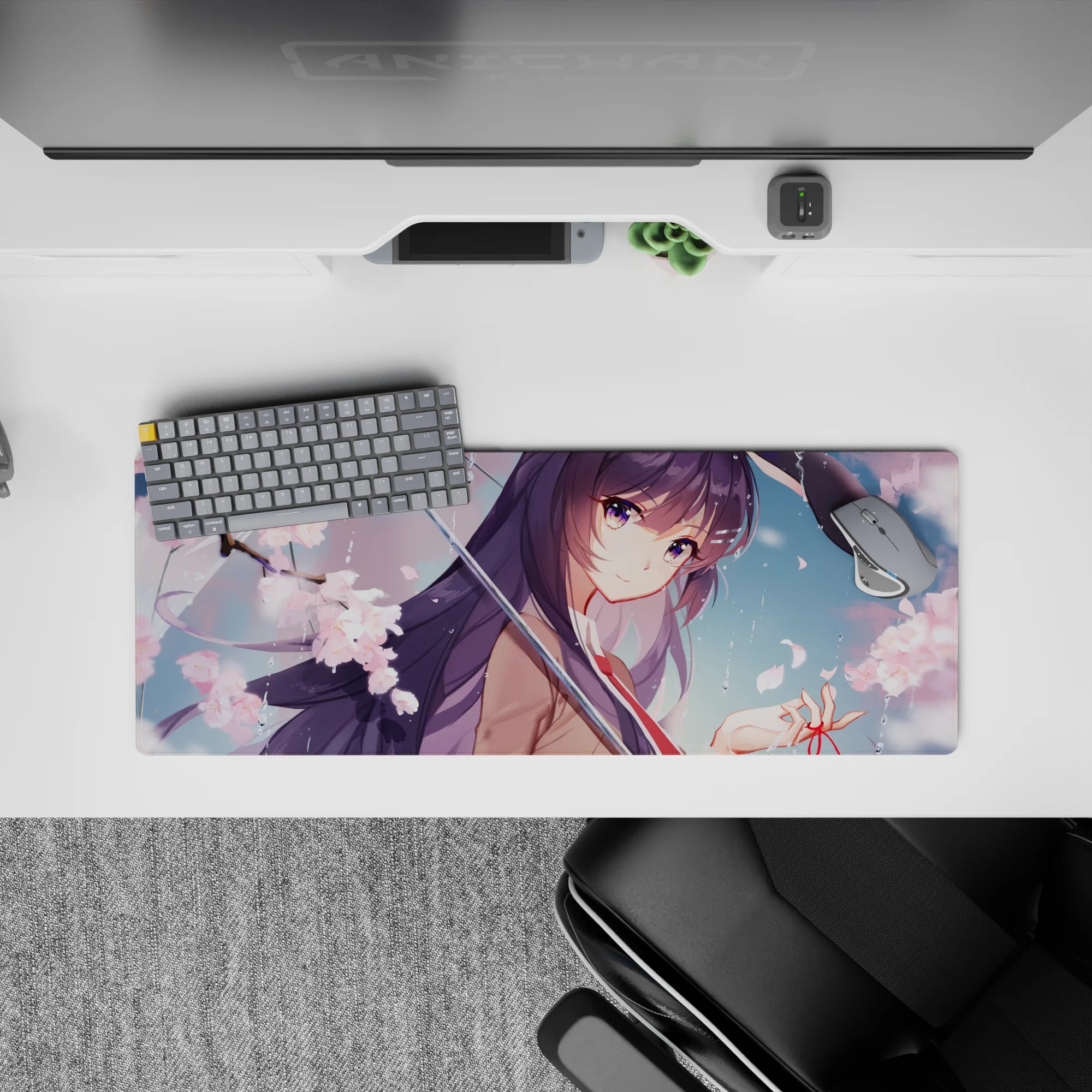 32x12 inches pastel pink spring romance desk mat, soft rain droplets, sakura petals, dreamy anime aesthetic.