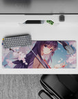 32x12 inches pastel pink spring romance desk mat, soft rain droplets, sakura petals, dreamy anime aesthetic.