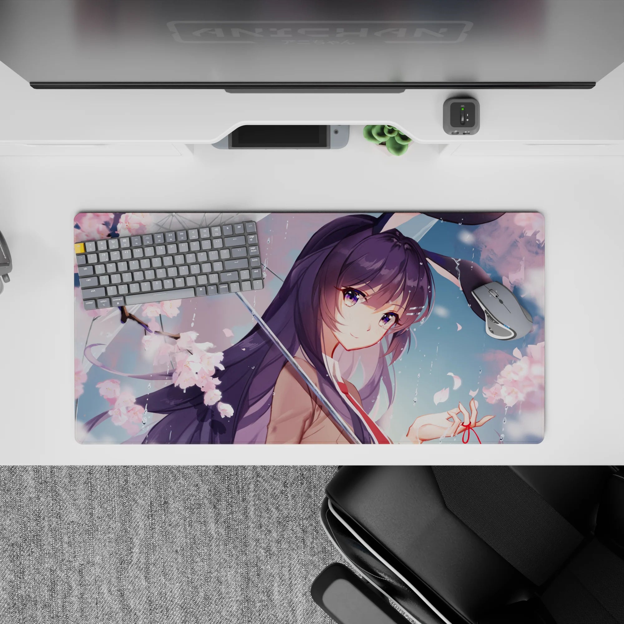 32x16 inches pastel pink spring romance mouse pad, petal confetti, soft rain droplets, dreamy cute vibe.