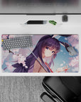 32x16 inches pastel pink spring romance mouse pad, petal confetti, soft rain droplets, dreamy cute vibe.