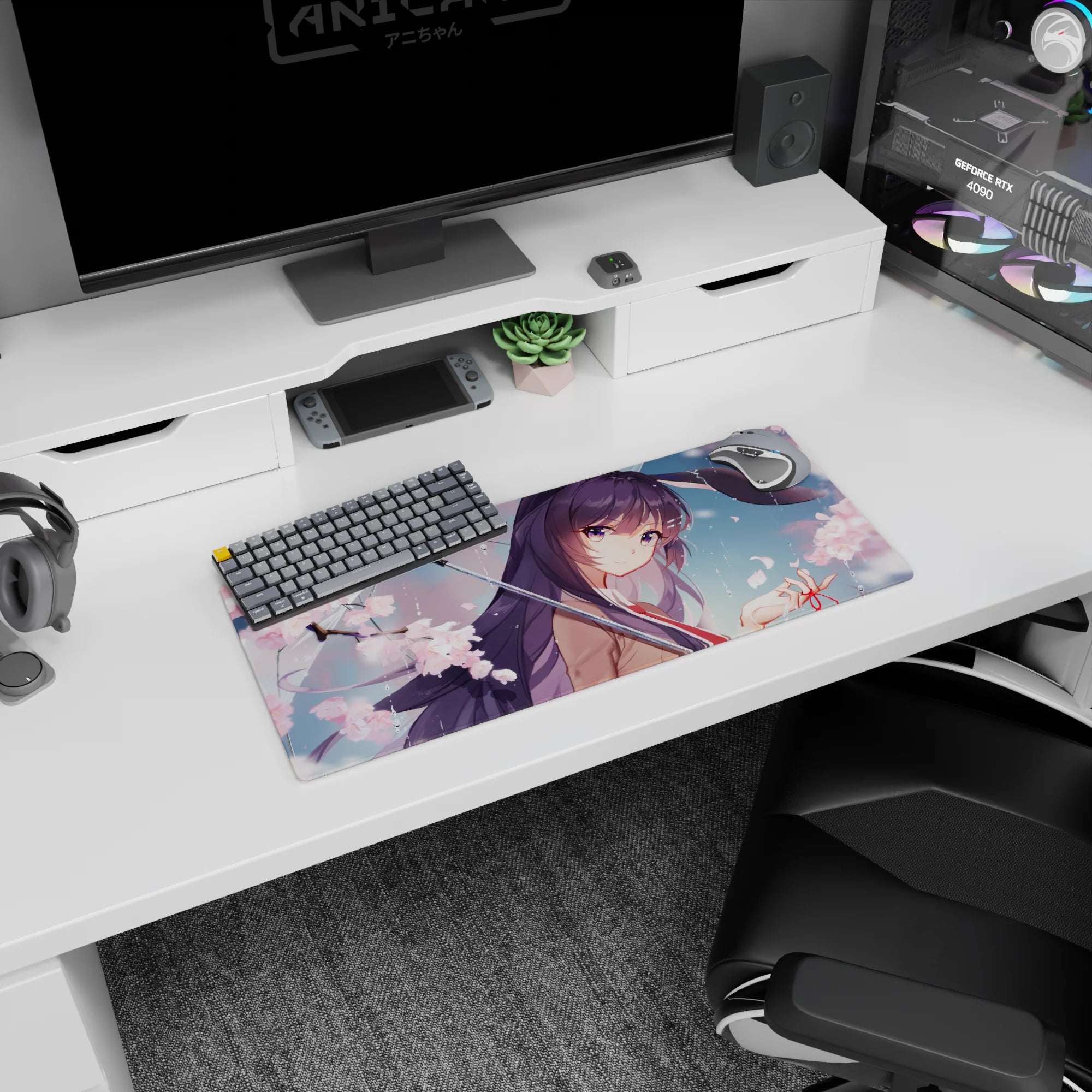 28x12 inches desk mat with shy anime girl in rain, pink blossoms falling, umbrella close-up, bunny ears.