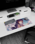 28x12 inches desk mat with shy anime girl in rain, pink blossoms falling, umbrella close-up, bunny ears.