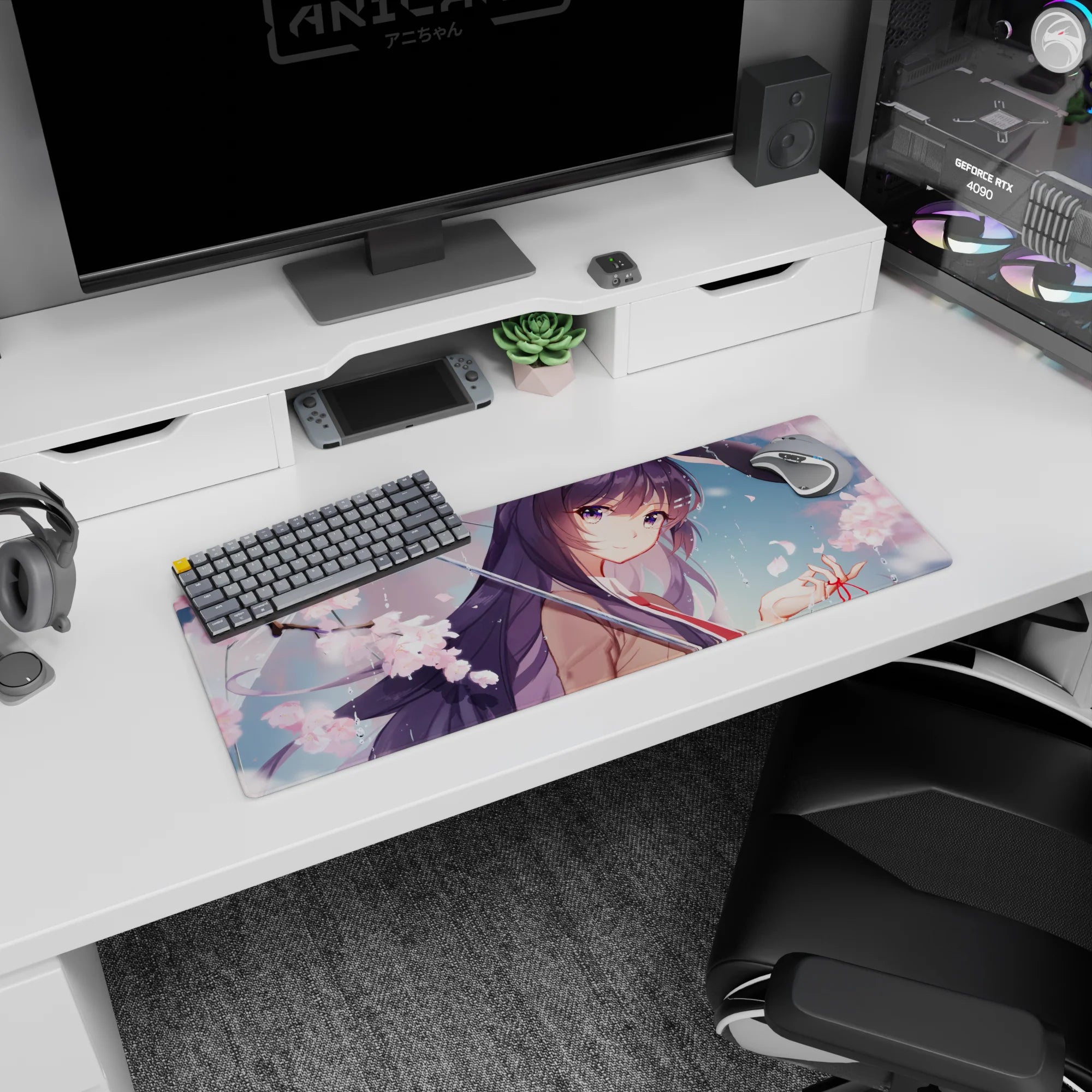 32x12 inches anime girl mouse pad showing shy violet-haired girl under glossy umbrella in falling cherry blossoms.