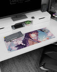 32x12 inches anime girl mouse pad showing shy violet-haired girl under glossy umbrella in falling cherry blossoms.