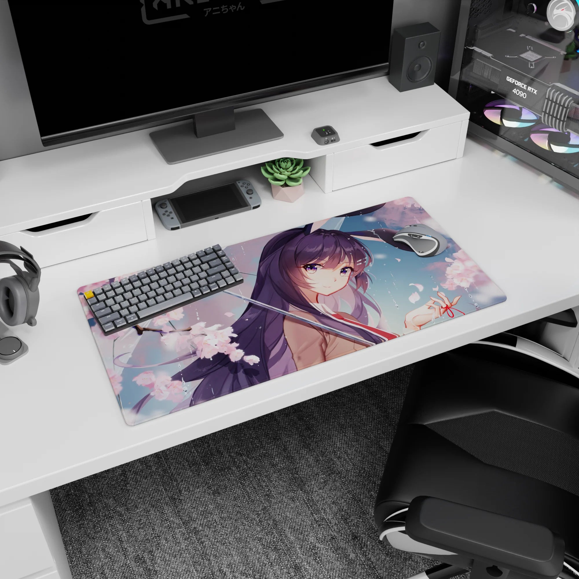32x16 inches anime girl mouse pad featuring shy smiling girl under umbrella, flowing purple hair in rain.