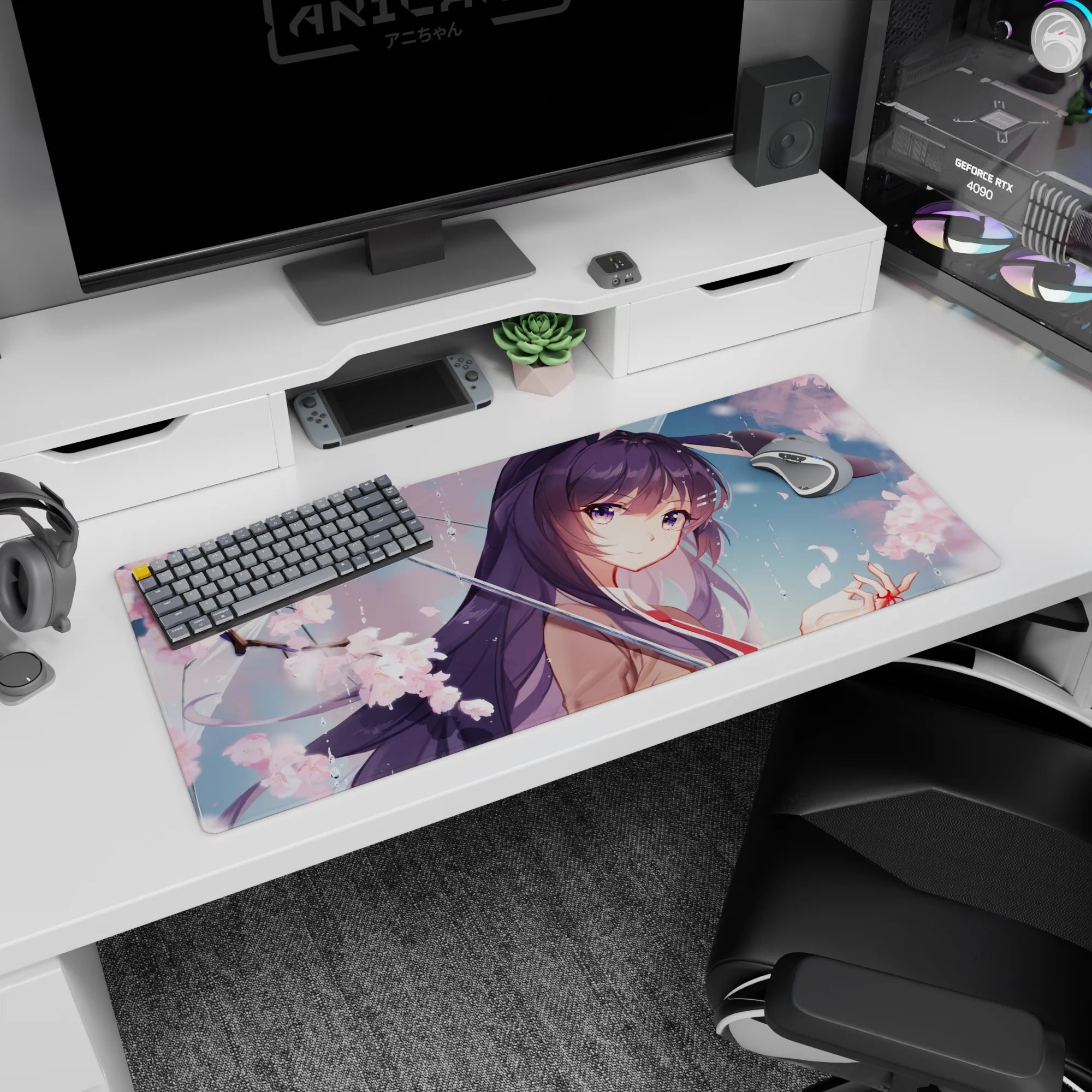 Violet-haired anime girl under an umbrella with falling cherry blossoms desk pad 36x16 inches.