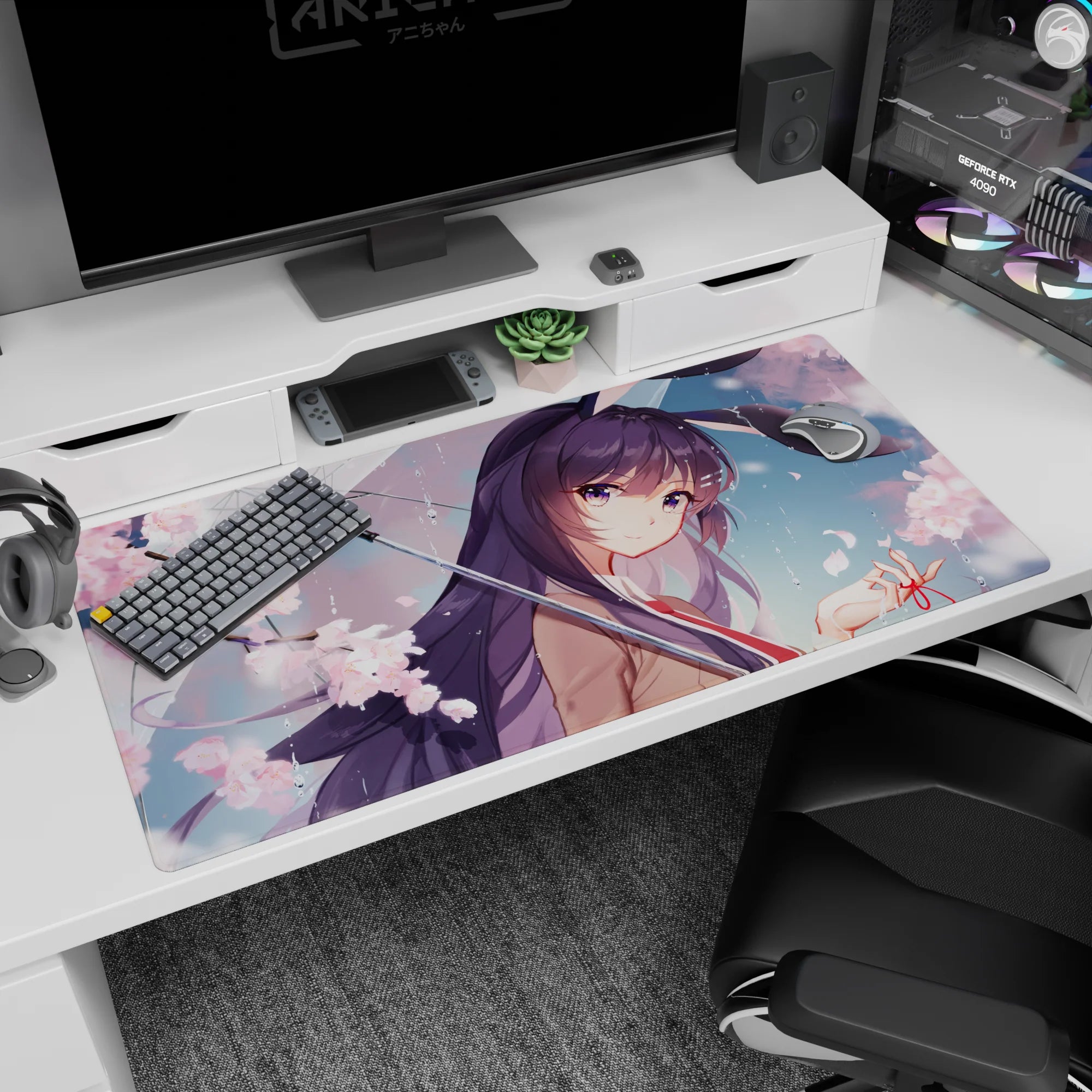 Violet-haired anime girl under a rain umbrella with sakura confetti desk pad 40x20 inches.
