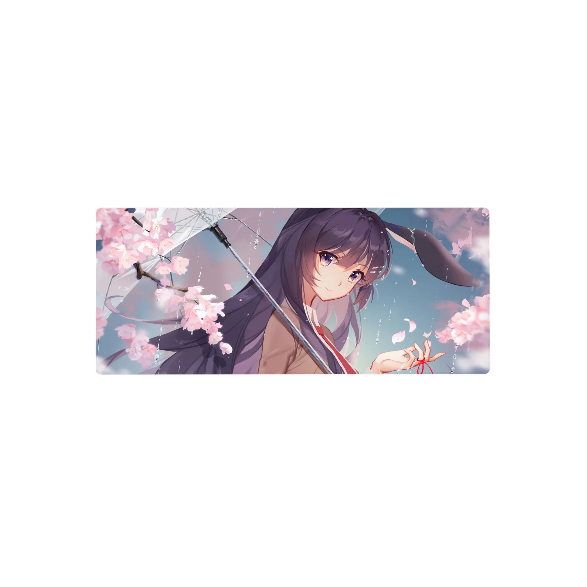 28x12 inches anime girl mouse pad with violet-haired girl under umbrella, sakura petals and bunny ears.