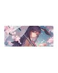 28x12 inches anime girl mouse pad with violet-haired girl under umbrella, sakura petals and bunny ears.