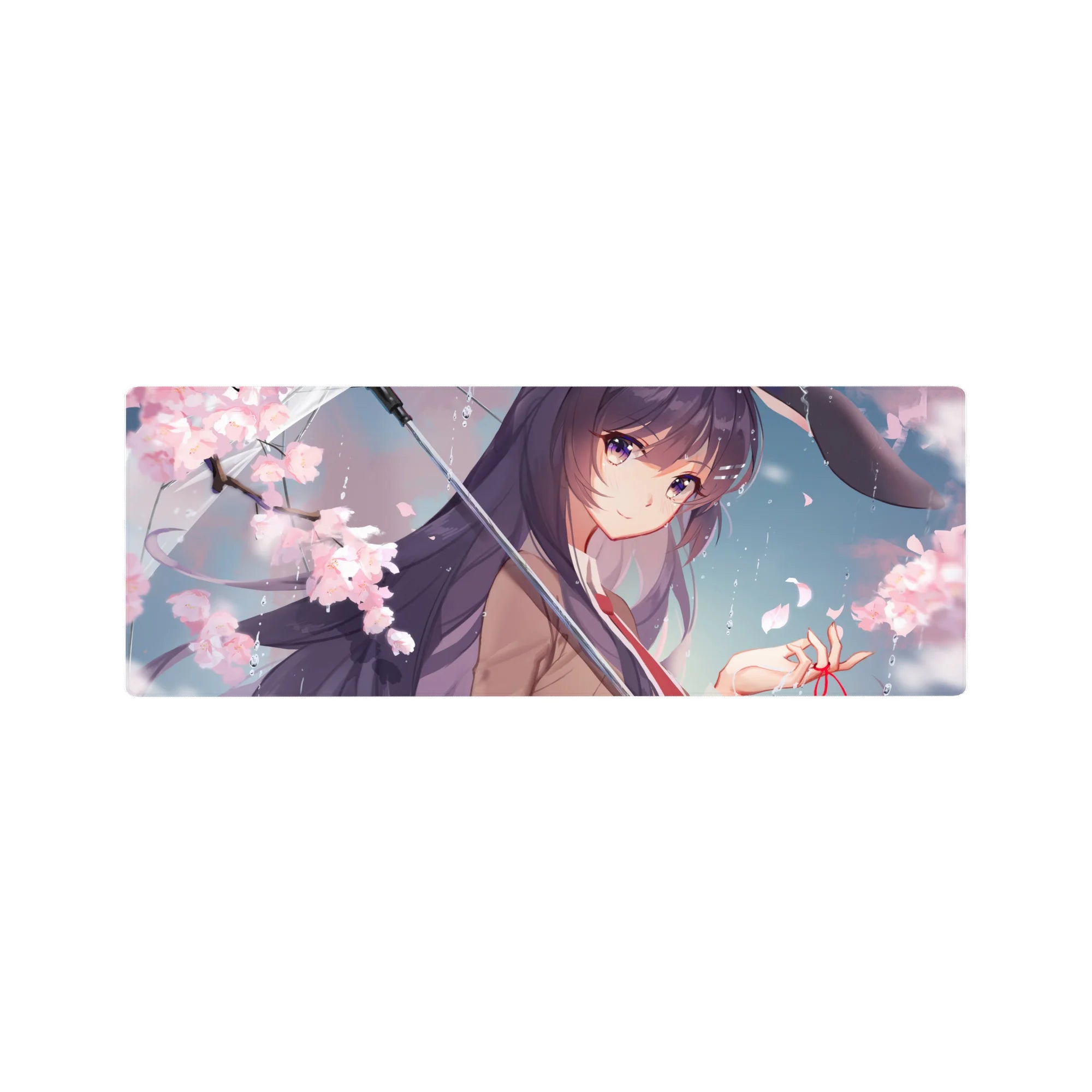 32x12 inches anime girl mouse pad with sakura rain scene, violet hair, umbrella, and bunny ear detail.