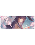 32x12 inches anime girl mouse pad with sakura rain scene, violet hair, umbrella, and bunny ear detail.