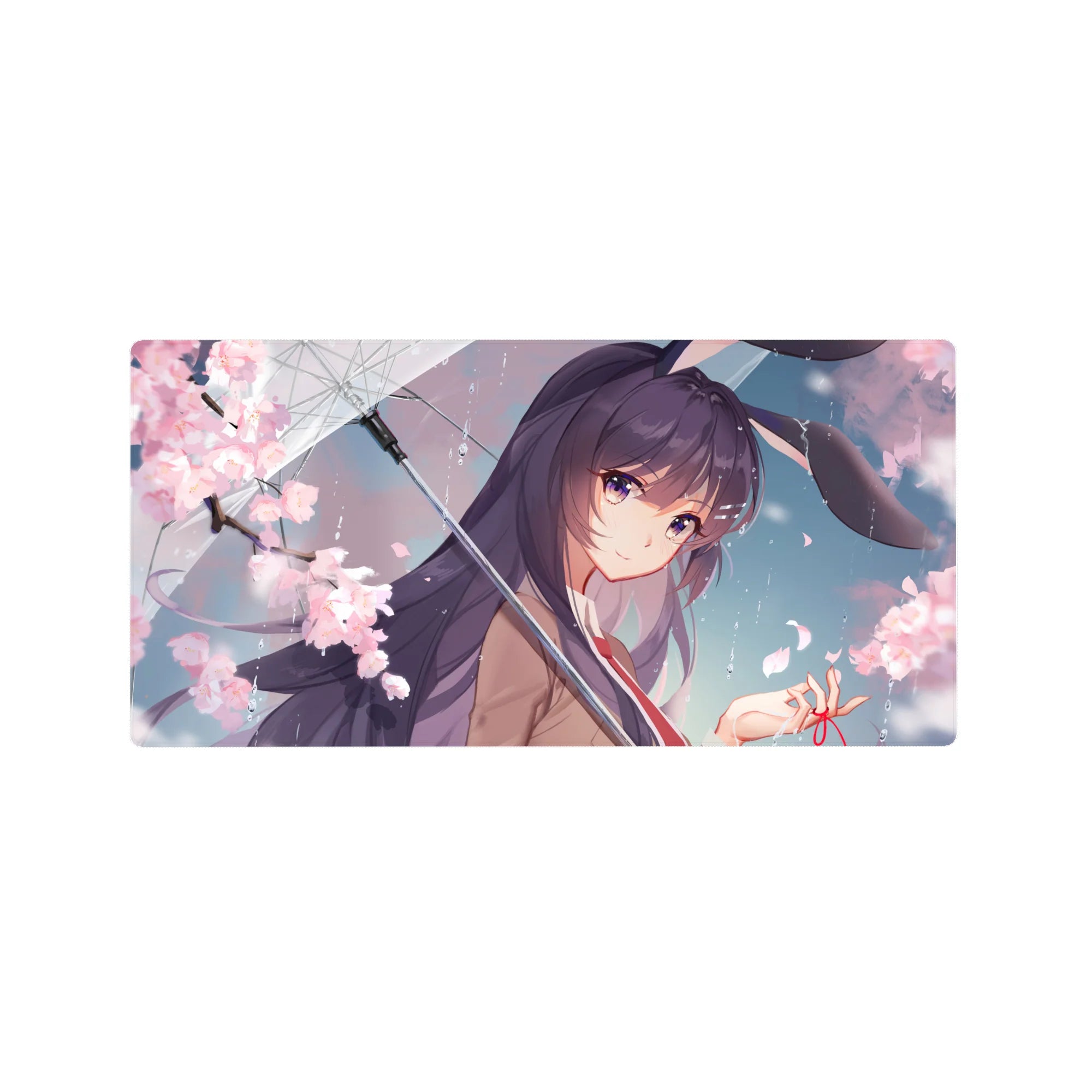 32x16 inches anime girl mouse pad with sakura rain scene, glossy umbrella, violet hair, and bunny ears.
