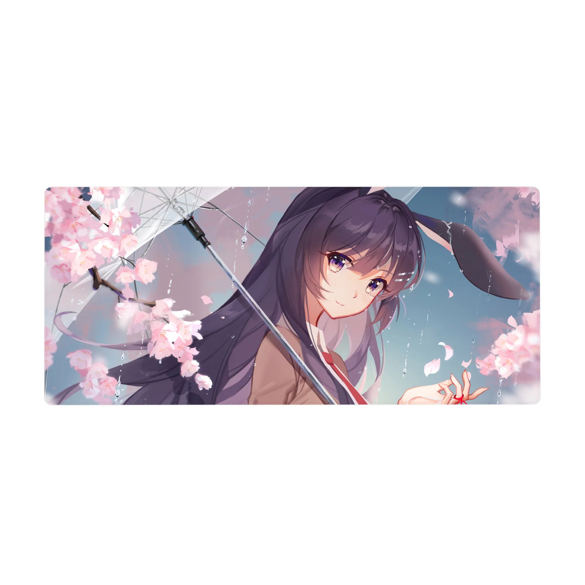 Anime girl desk pad 36x16 inches with sakura rain scene, glossy umbrella, violet hair, and bunny ears.