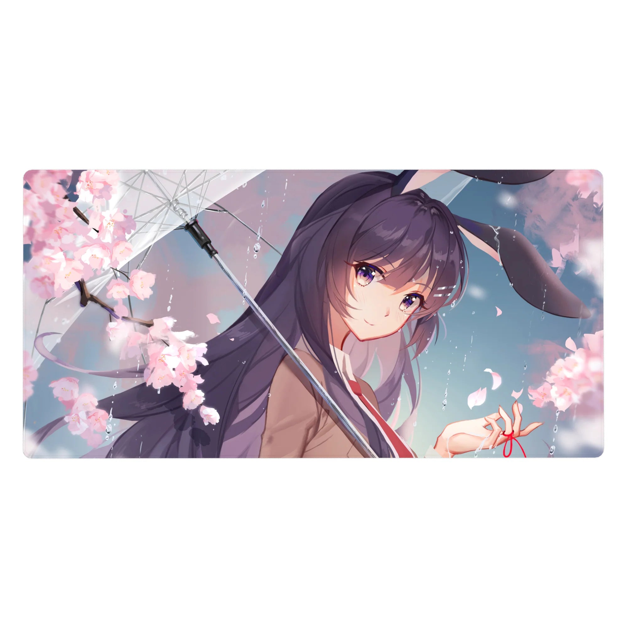 Anime girl desk pad 40x20 inches with sakura petals, glossy umbrella line art, and bunny ears detail.